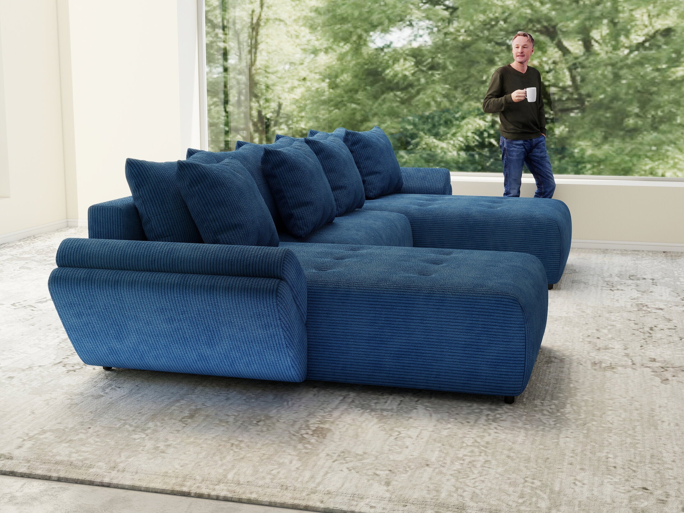 Colțar extensibil dumonde cu ladă de depozitare si sezut confortabil din spuma high-density, Berlin U Zoom Blue 380x180 cm