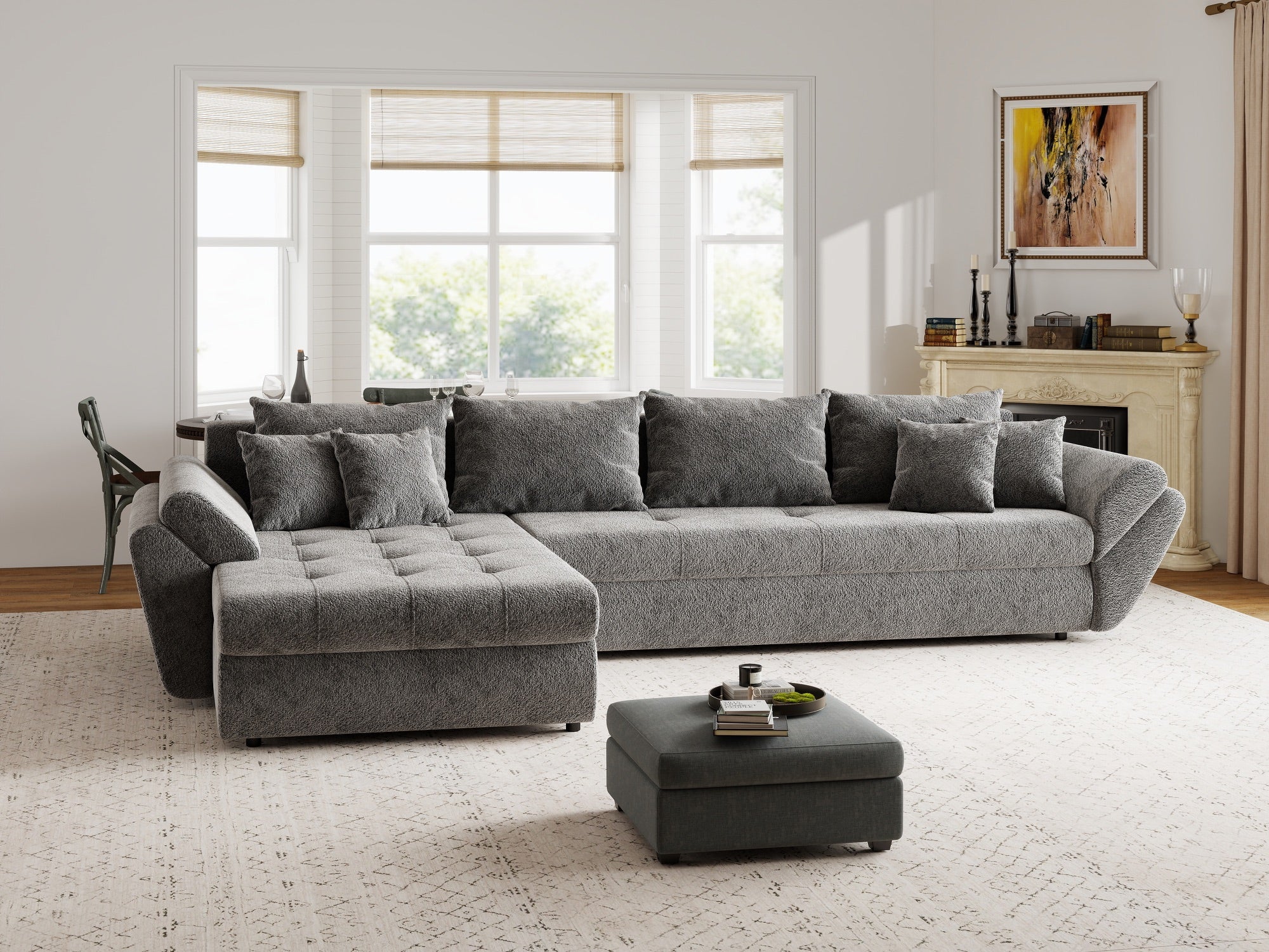 Colțar extensibil dumonde cu ladă de depozitare si sezut confortabil din spuma high-density, Loana XL Arena Gri Grafit 335x185 cm