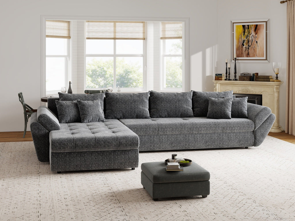 Colțar extensibil dumonde cu ladă de depozitare si sezut confortabil din spuma high-density, Loana XL Cremona Gri 335x185 cm
