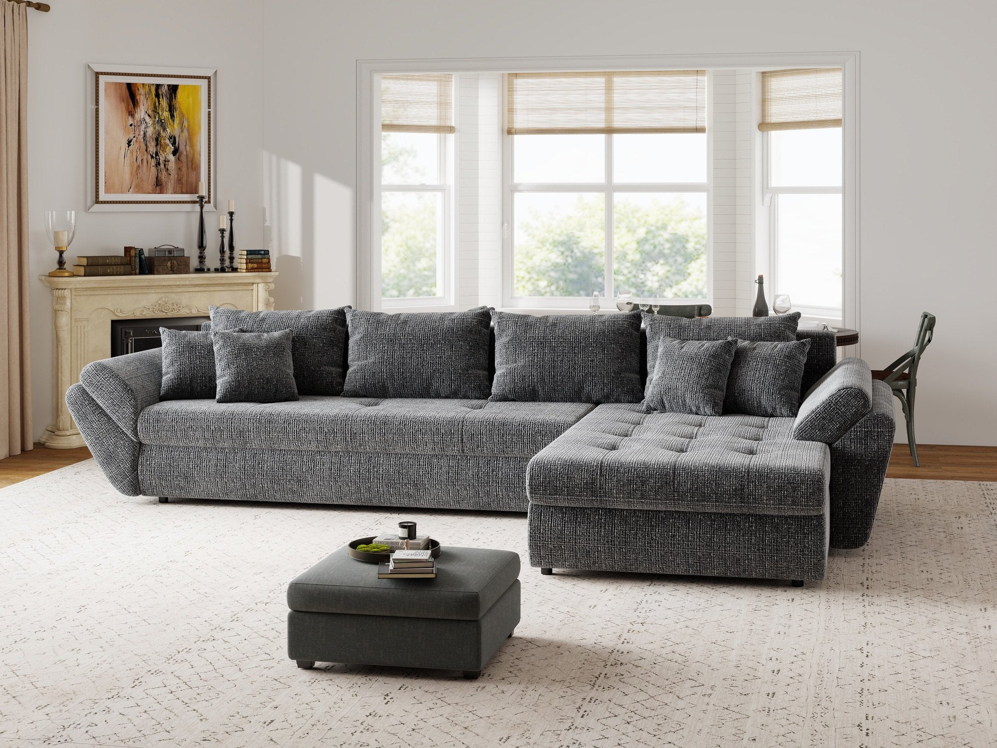 Colțar extensibil dumonde cu ladă de depozitare si sezut confortabil din spuma high-density, Loana XL Cremona Gri II 335x185 cm