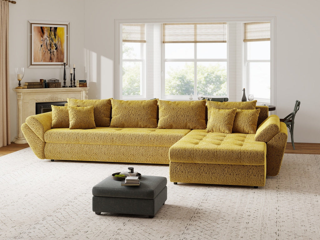 Colțar extensibil dumonde cu ladă de depozitare si sezut confortabil din spuma high-density, Loana XL Jaguar Galben Mustar II 335x185 cm