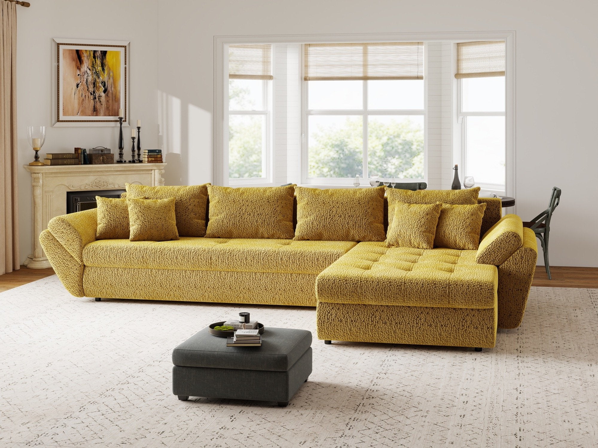 Colțar extensibil dumonde cu ladă de depozitare si sezut confortabil din spuma high-density, Loana XL Jaguar Galben Mustar II 335x185 cm