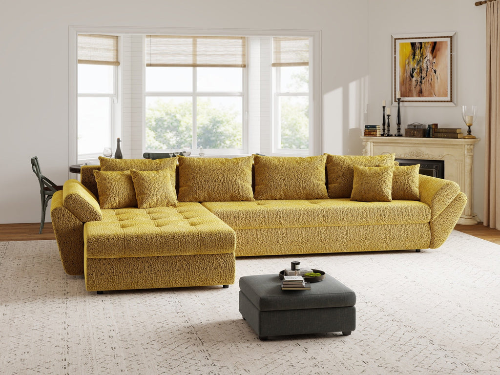 Colțar extensibil dumonde cu ladă de depozitare si sezut confortabil din spuma high-density, Loana XL Jaguar Galben Mustar 335x185 cm