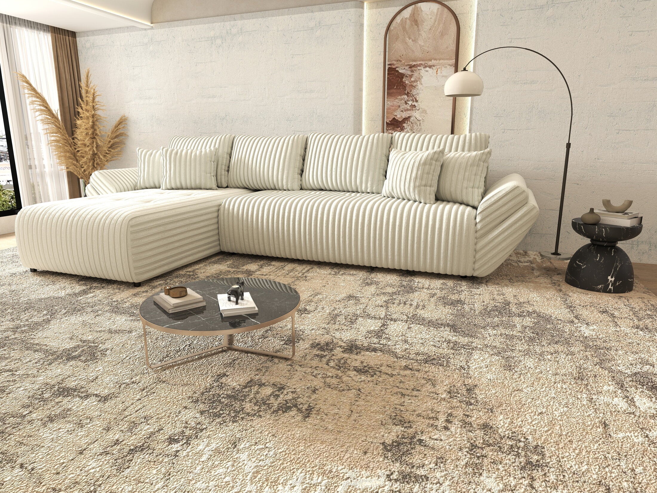 Colțar extensibil dumonde cu ladă de depozitare si sezut confortabil din spuma high-density, Berlin XL Ambience Ivory 350x185 cm