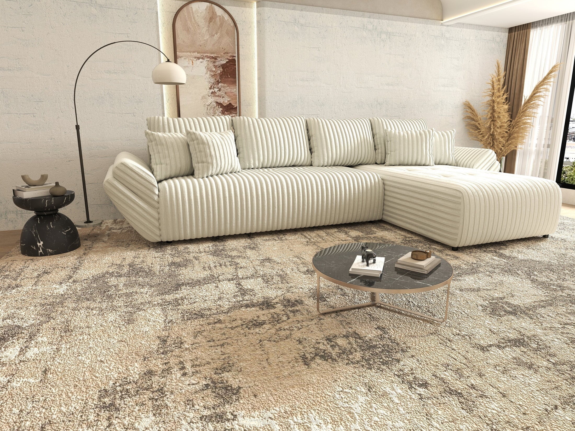 Colțar extensibil dumonde cu ladă de depozitare si sezut confortabil din spuma high-density, Berlin XL Ambience Ivory II 350x185 cm