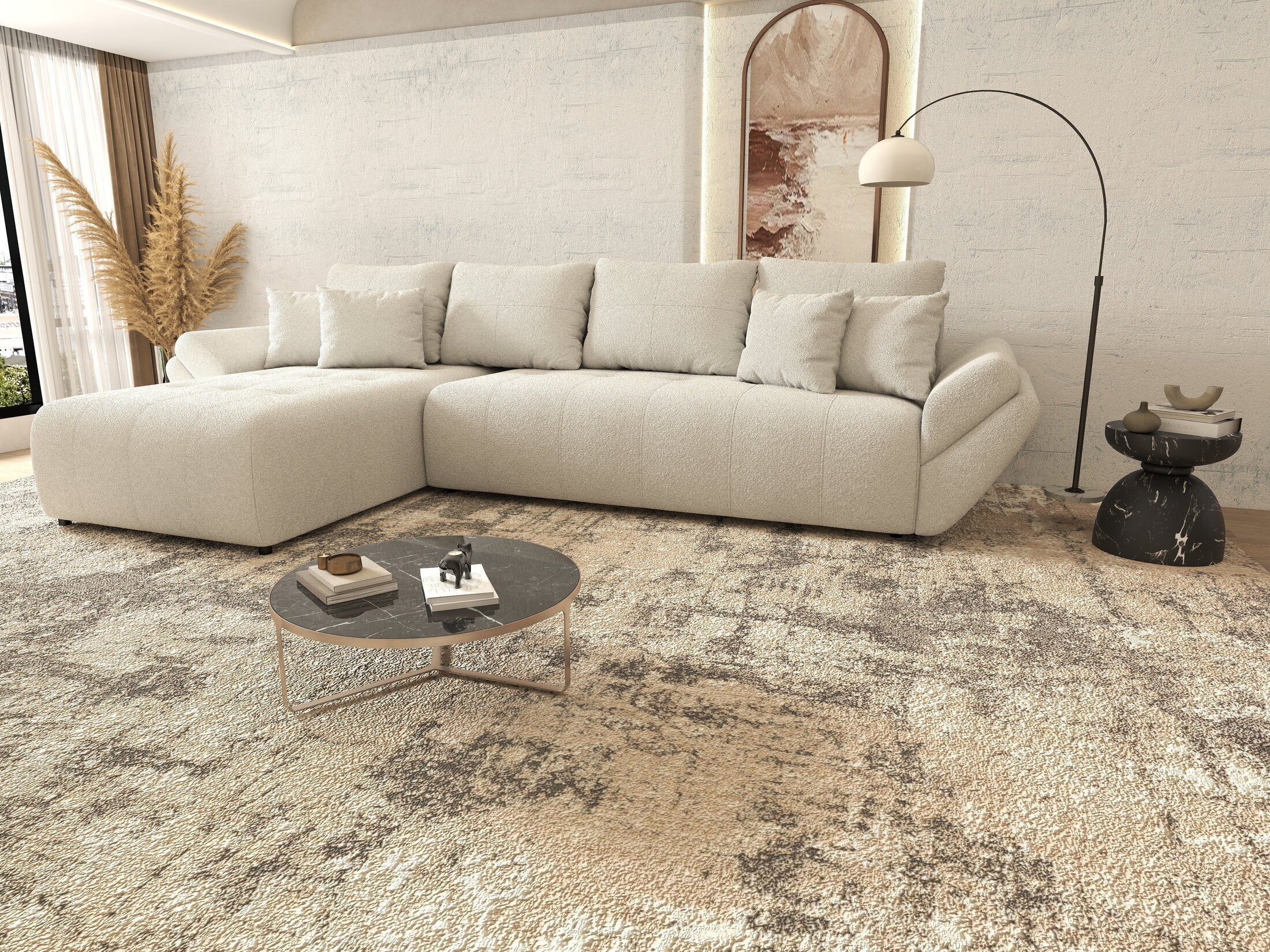 Colțar extensibil dumonde cu ladă de depozitare si sezut confortabil din spuma high-density, Berlin XL Euphoria Ivory 350x185 cm