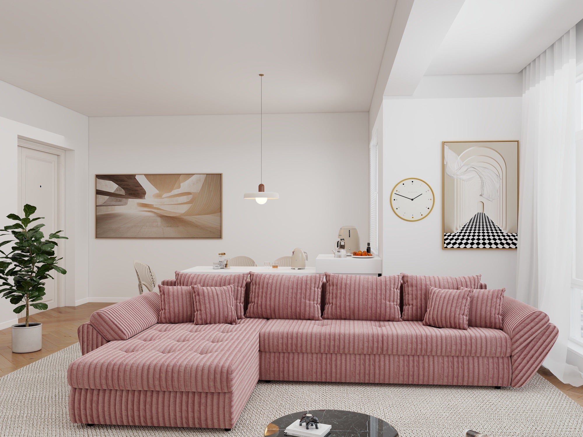 Colțar extensibil dumonde cu ladă de depozitare si sezut confortabil din spuma high-density, Loana XL Tilia Roz Pudrat 335x185 cm