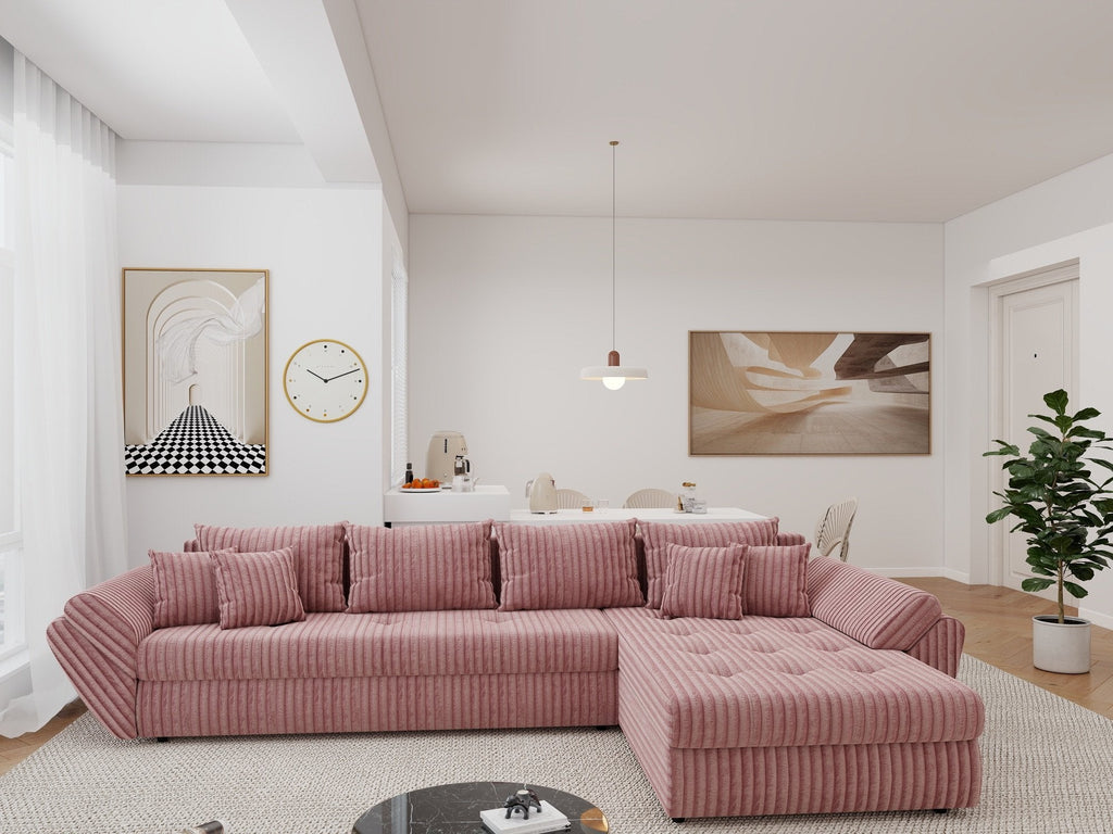 Colțar extensibil dumonde cu ladă de depozitare si sezut confortabil din spuma high-density, Loana XL Tilia Roz Pudrat II 335x185 cm