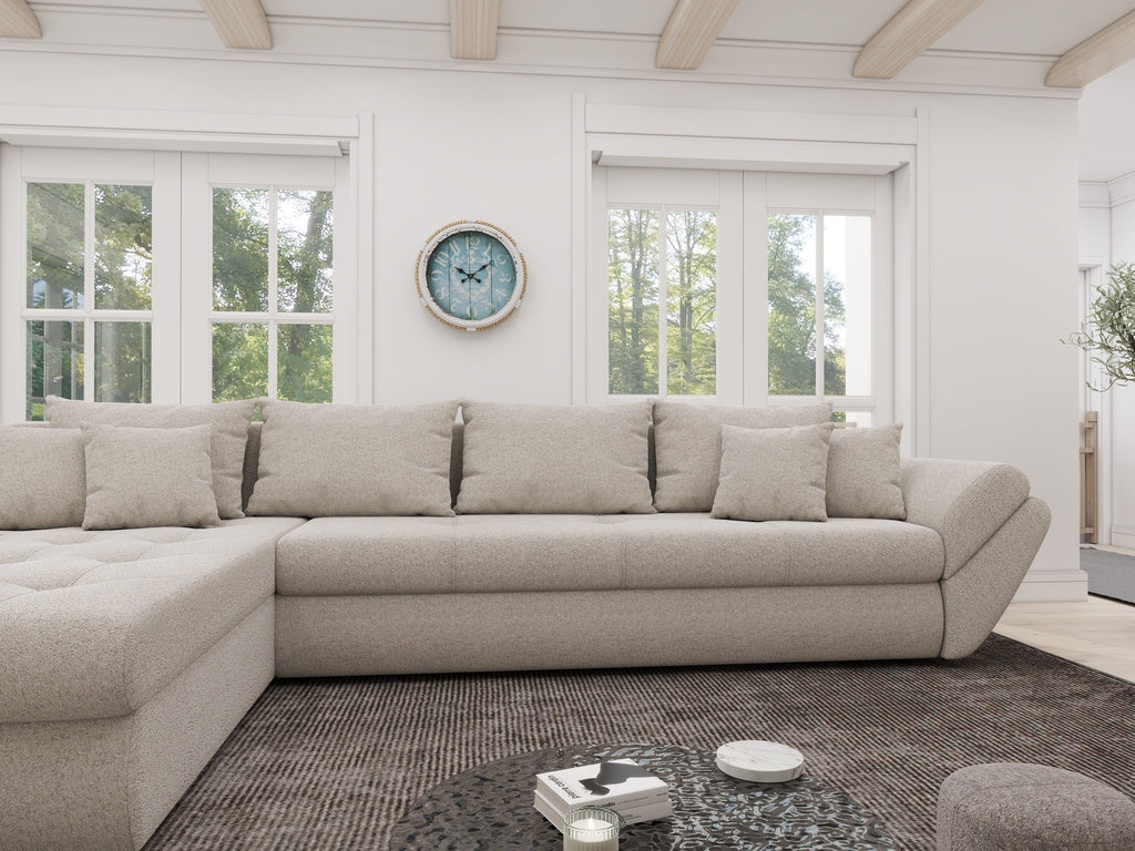 Colțar extensibil dumonde cu ladă de depozitare si sezut confortabil din spuma high-density, Loana XL Monte Bej 335x185 cm
