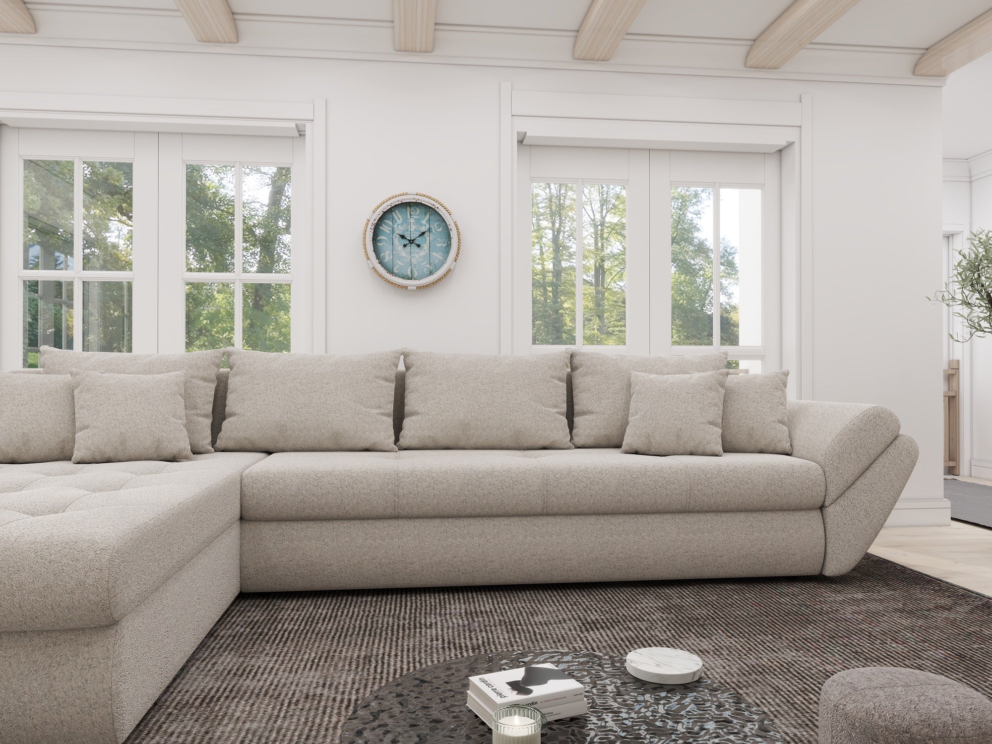 Colțar extensibil dumonde cu ladă de depozitare si sezut confortabil din spuma high-density, Loana XL Monte Bej 335x185 cm