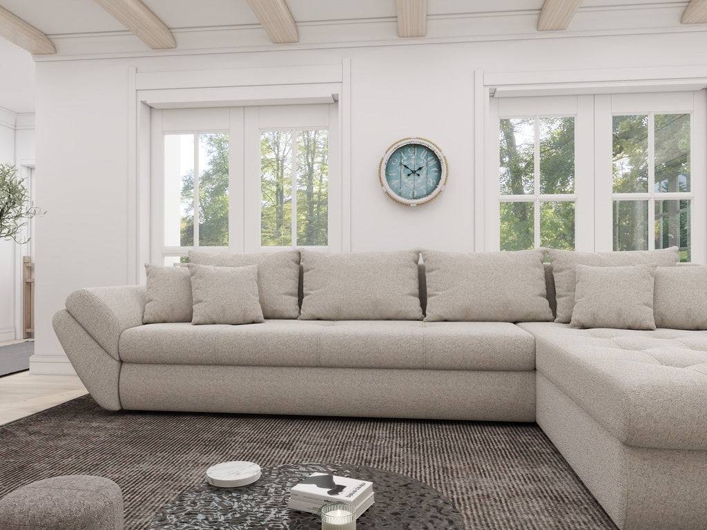 Colțar extensibil dumonde cu ladă de depozitare si sezut confortabil din spuma high-density, Loana XL Monte Bej II 335x185 cm