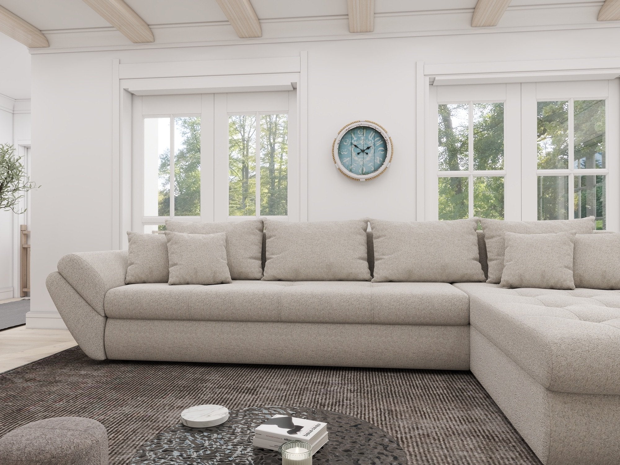 Colțar extensibil dumonde cu ladă de depozitare si sezut confortabil din spuma high-density, Loana XL Monte Bej II 335x185 cm