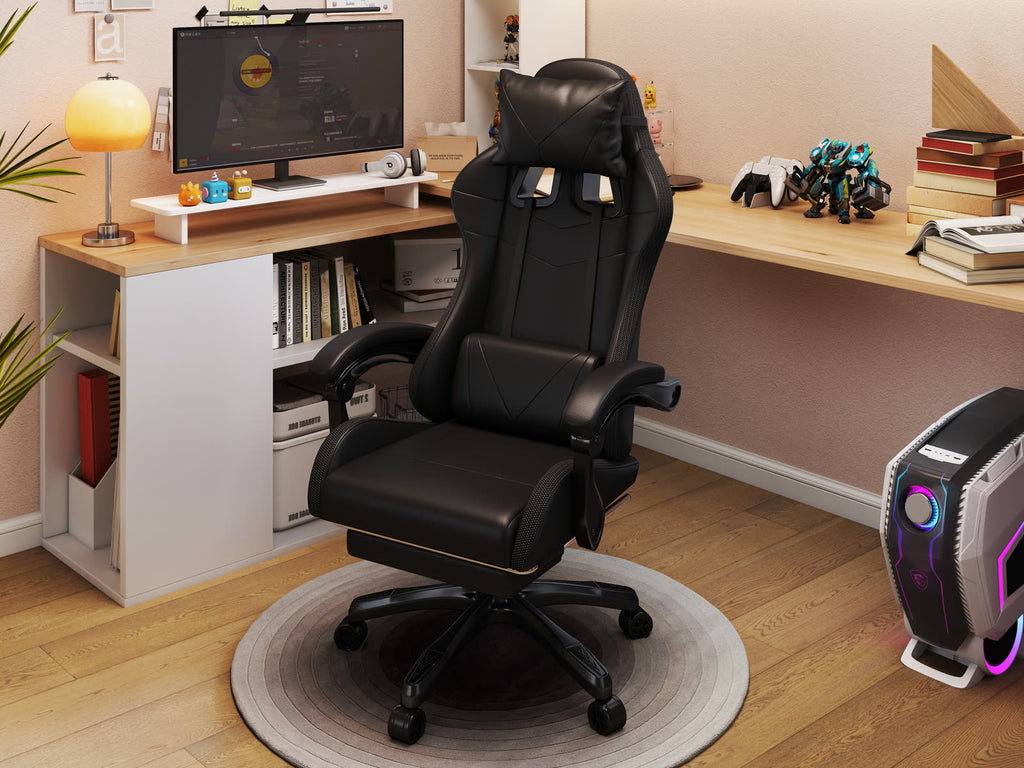 Scaun gaming Dumonde PULSE, LED, mecanism multifuncțional, ecopiele, suport picioare, negru