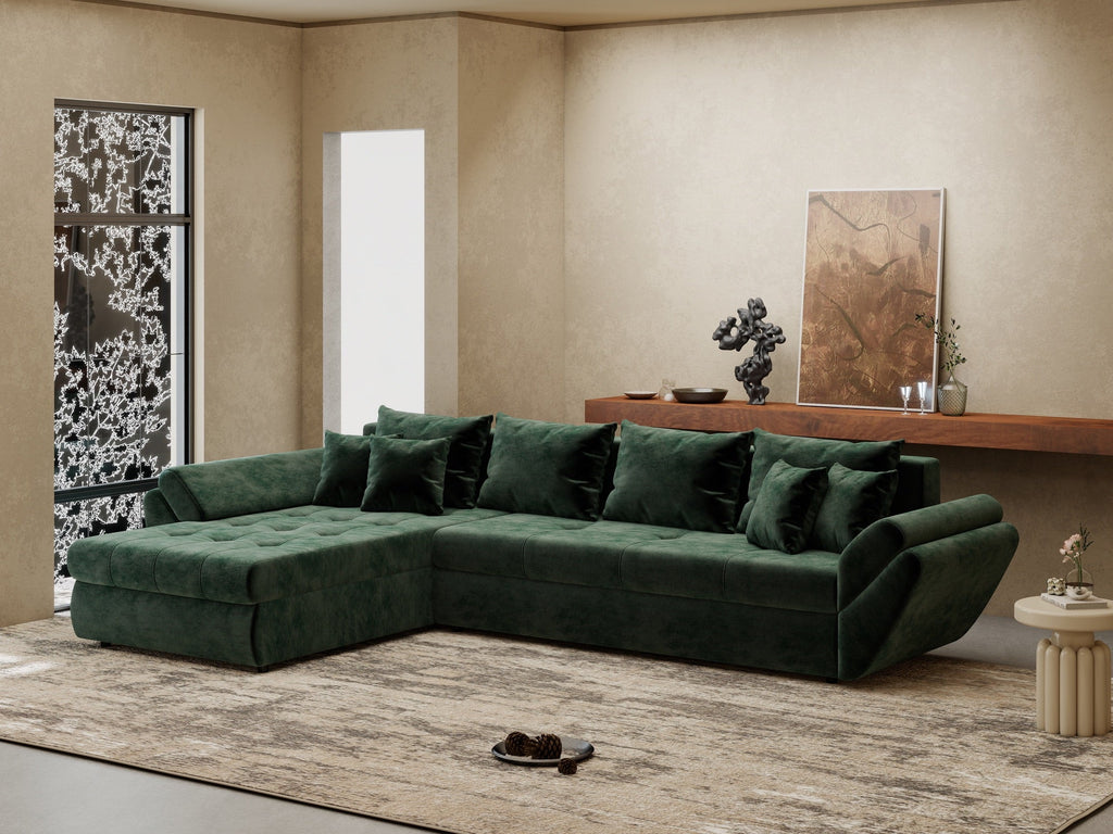 Colțar extensibil dumonde cu ladă de depozitare si sezut confortabil din spuma high-density, Loana XL Monolith Verde 335x185 cm