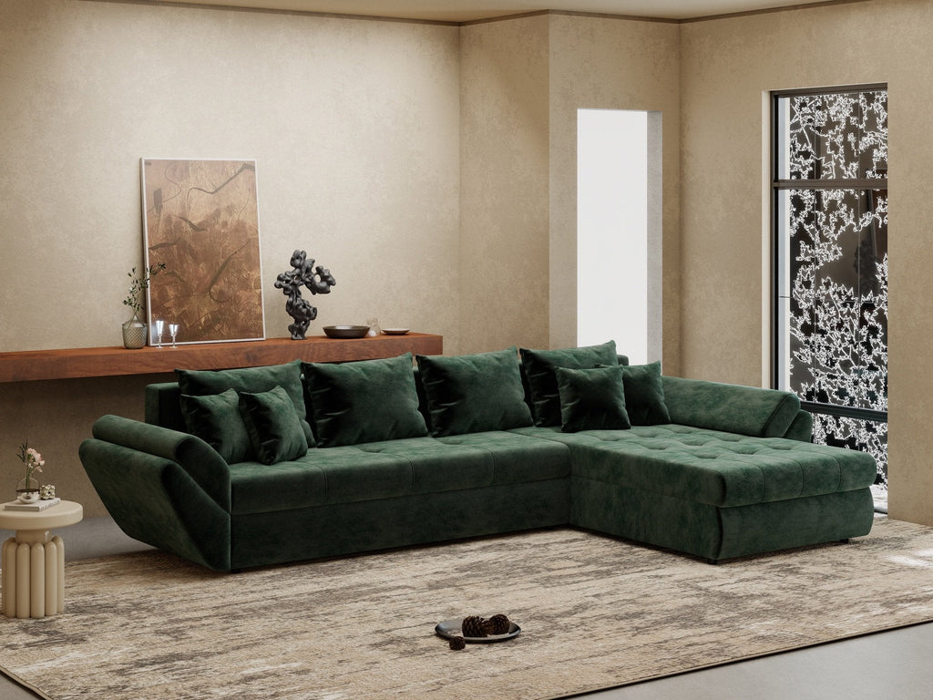Colțar extensibil dumonde cu ladă de depozitare si sezut confortabil din spuma high-density, Loana XL Monolith Verde II 335x185 cm