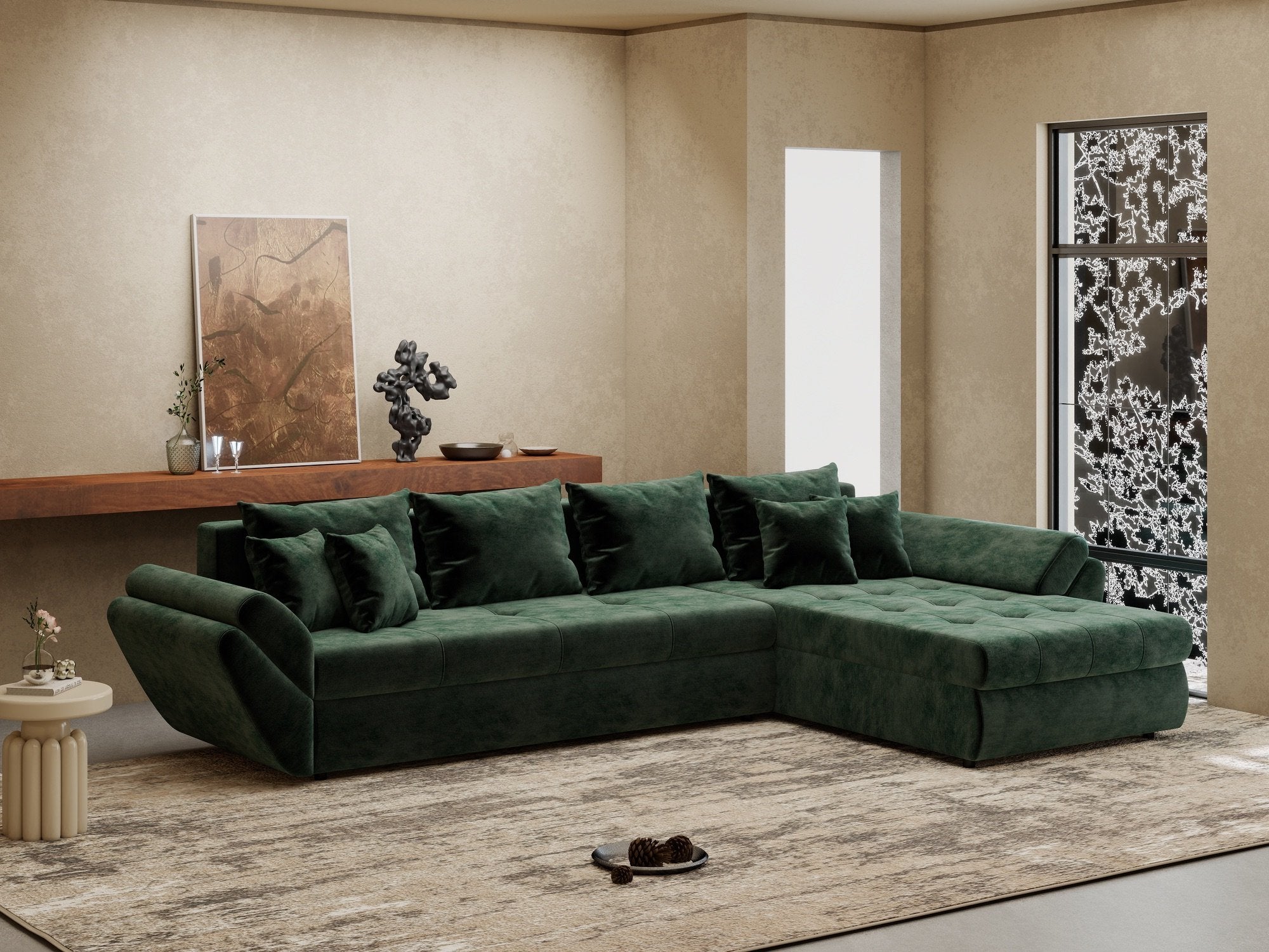 Colțar extensibil dumonde cu ladă de depozitare si sezut confortabil din spuma high-density, Loana XL Monolith Verde II 335x185 cm