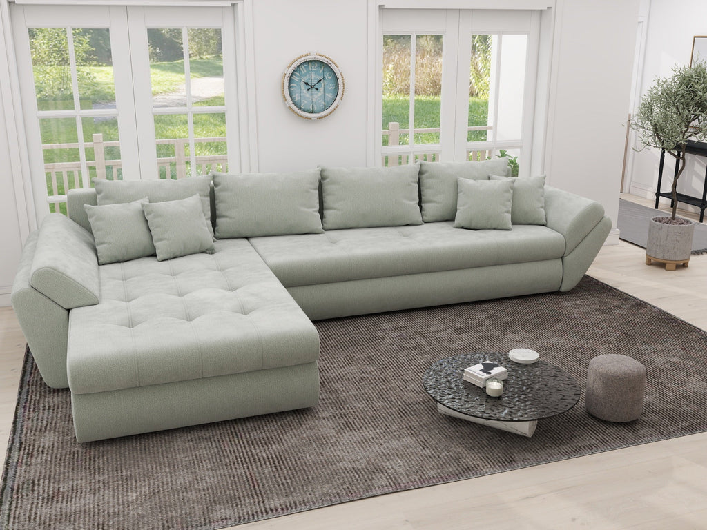 Colțar extensibil dumonde cu ladă de depozitare si sezut confortabil din spuma high-density, Loana XL Vibe Mint 335x185 cm