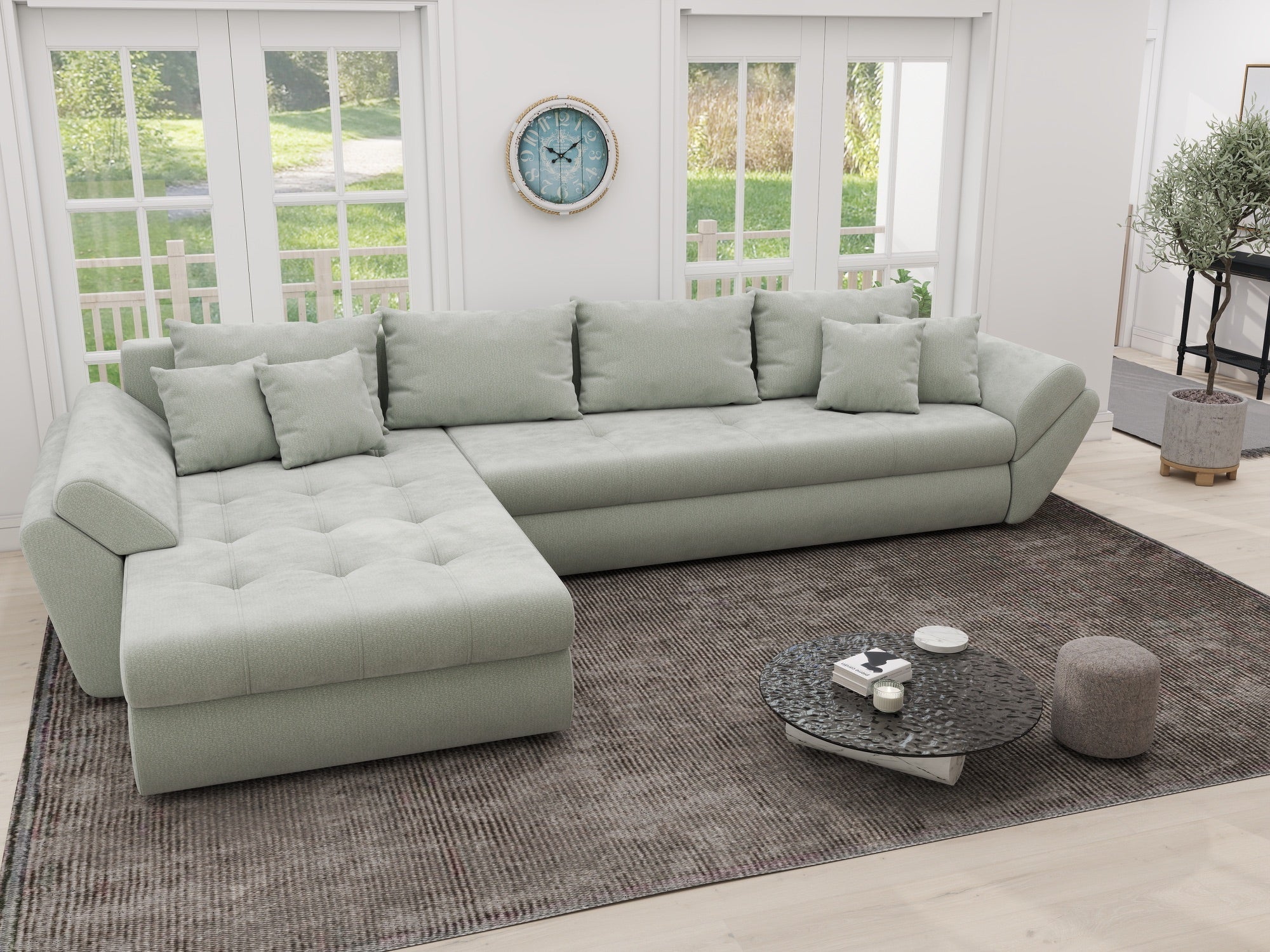 Colțar extensibil dumonde cu ladă de depozitare si sezut confortabil din spuma high-density, Loana XL Vibe Mint 335x185 cm