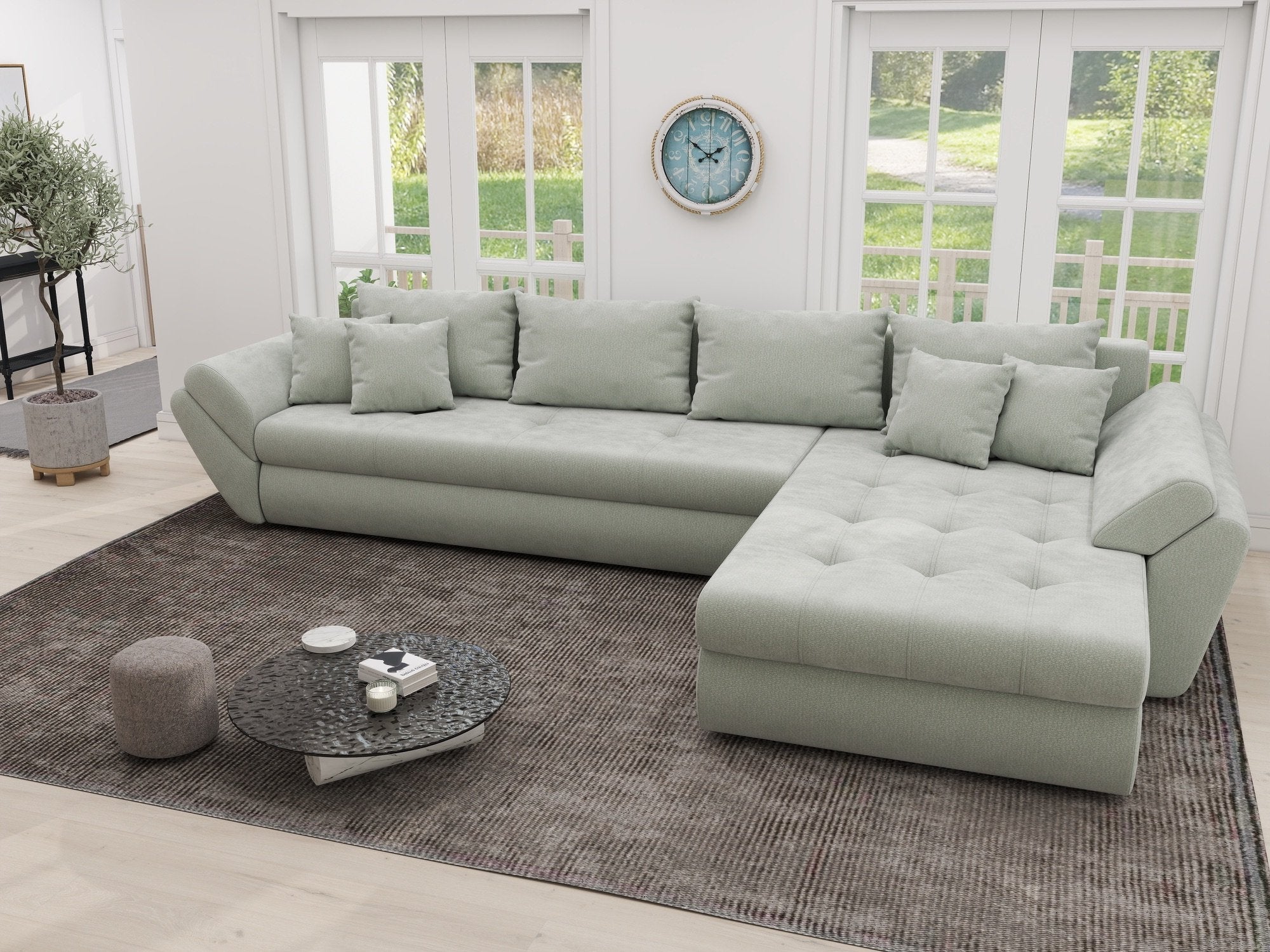 Colțar extensibil dumonde cu ladă de depozitare si sezut confortabil din spuma high-density, Loana XL Vibe Mint II 335x185 cm