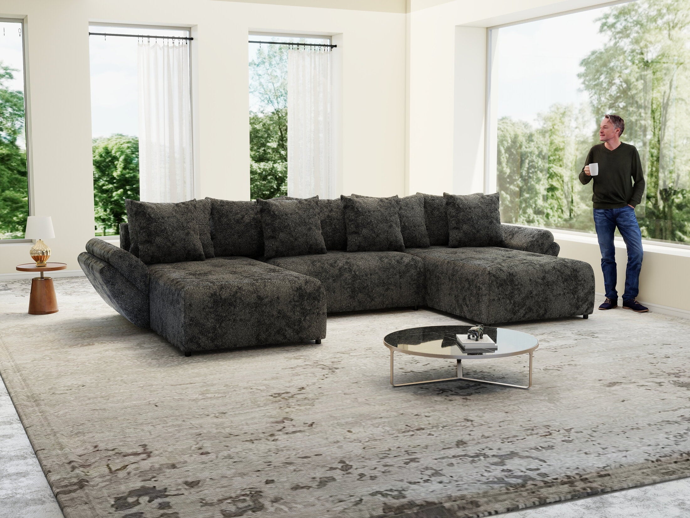 Colțar extensibil dumonde cu ladă de depozitare si sezut confortabil din spuma high-density, Berlin U Euphoria Dark Grey 380x180 cm