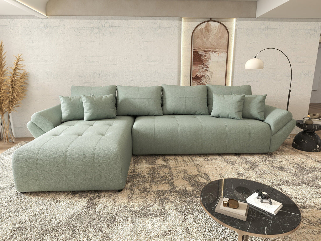 Colțar extensibil dumonde cu ladă de depozitare si sezut confortabil din spuma high-density, Berlin XL Enjoy Mint 350x185 cm