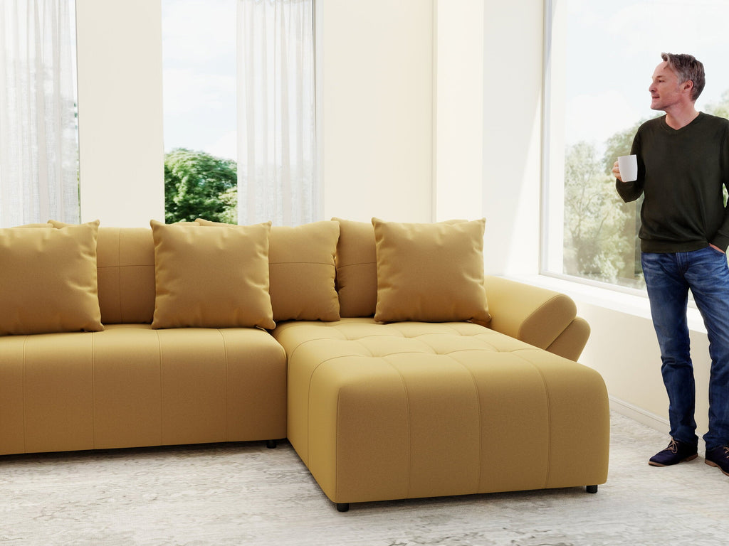 Colțar extensibil dumonde cu ladă de depozitare si sezut confortabil din spuma high-density, Berlin U Royal Mustar 380x180 cm