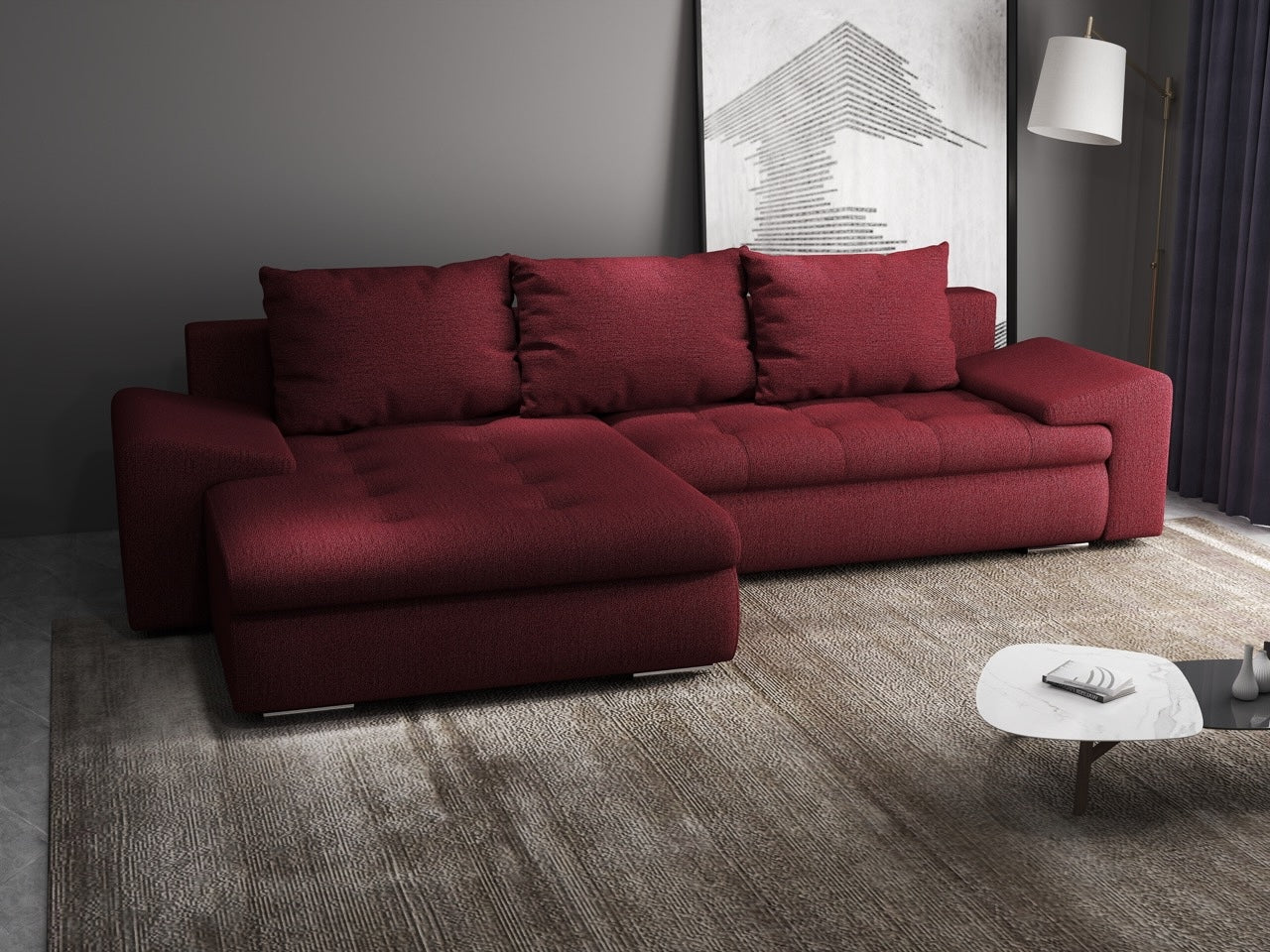 Colțar extensibil dumonde cu ladă de depozitare si sezut confortabil din spuma high-density, Leonardo Enjoy Rosu 260x185 cm