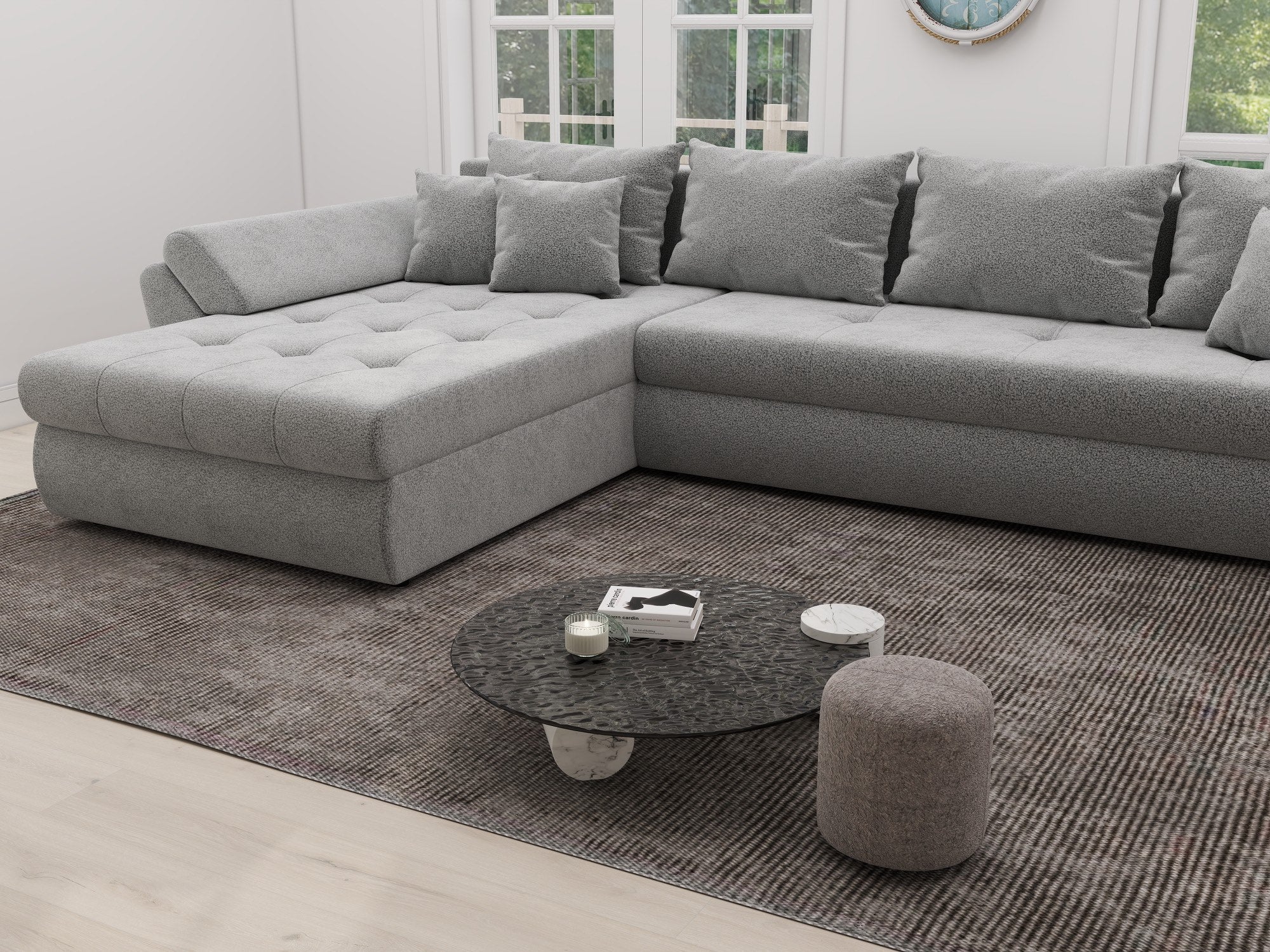 Colțar extensibil dumonde cu ladă de depozitare si sezut confortabil din spuma high-density, Loana XL Quelle Gri 83 335x185 cm