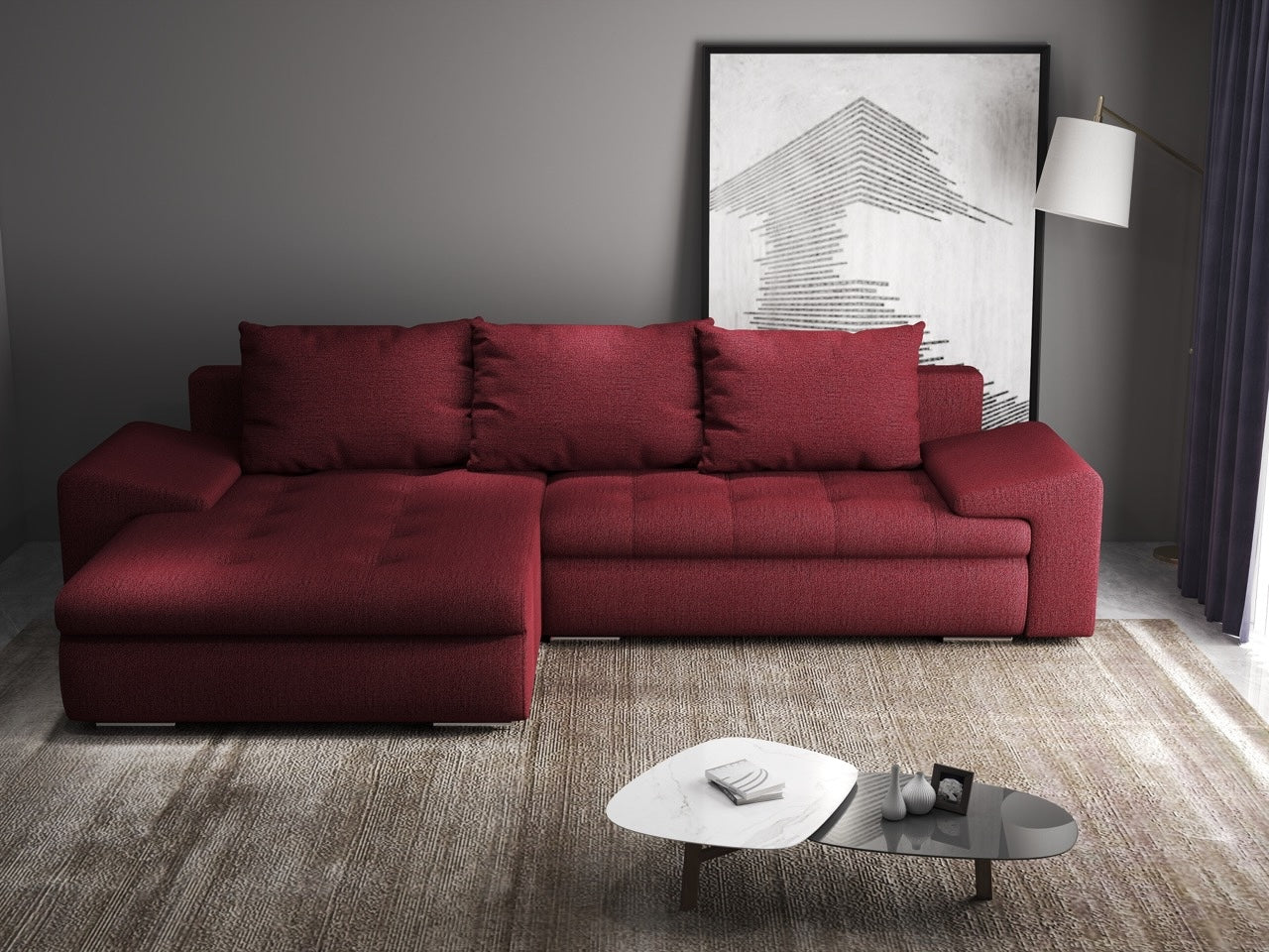 Colțar extensibil dumonde cu ladă de depozitare si sezut confortabil din spuma high-density, Leonardo Enjoy Rosu 260x185 cm