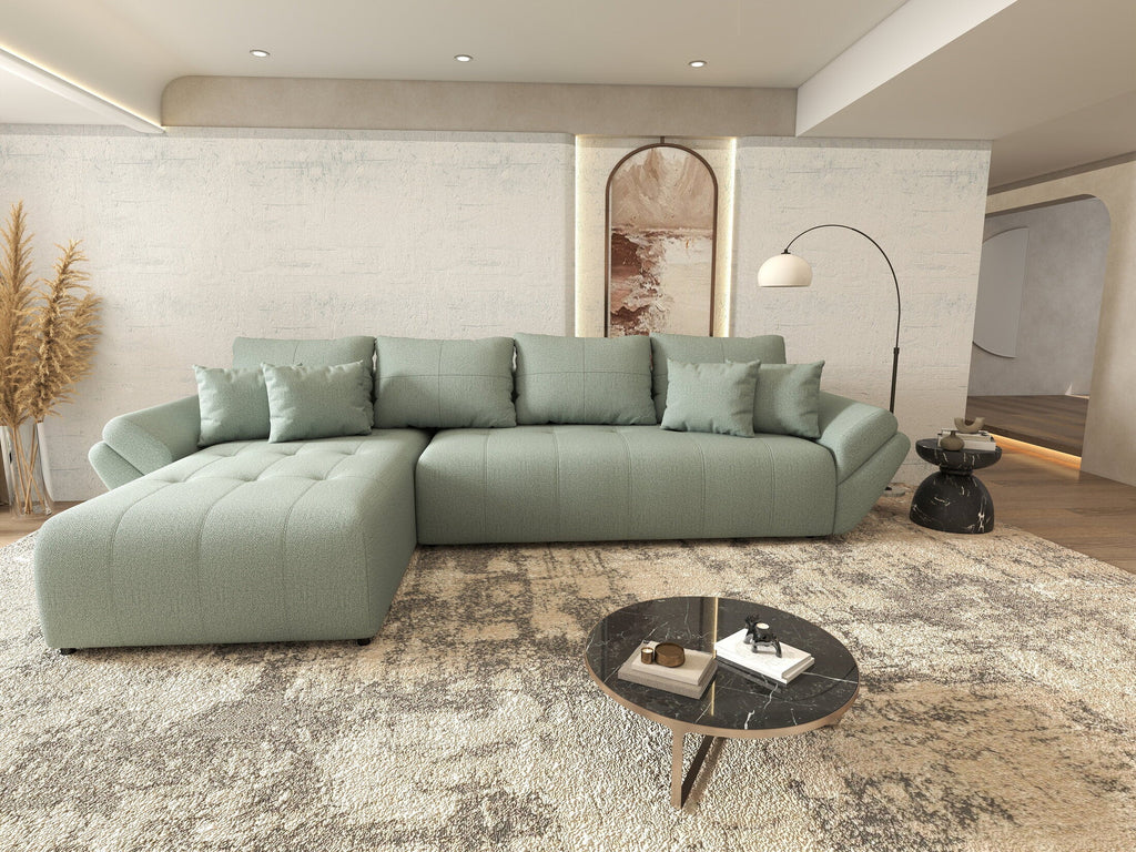 Colțar extensibil dumonde cu ladă de depozitare si sezut confortabil din spuma high-density, Berlin XL Enjoy Mint 350x185 cm