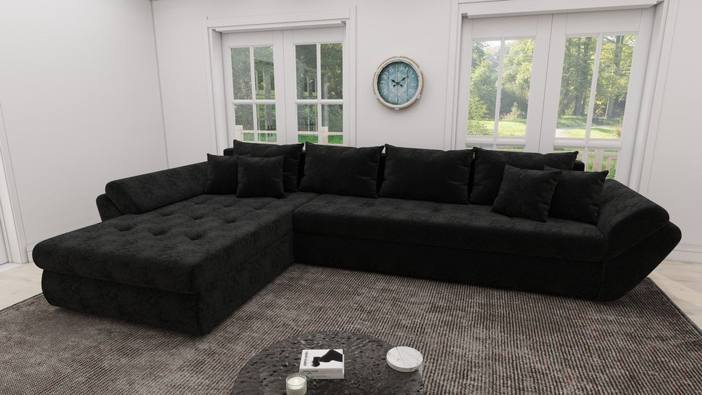 Colțar extensibil dumonde cu ladă de depozitare si sezut confortabil din spuma high-density, Loana XL Monte Negru 335x185 cm