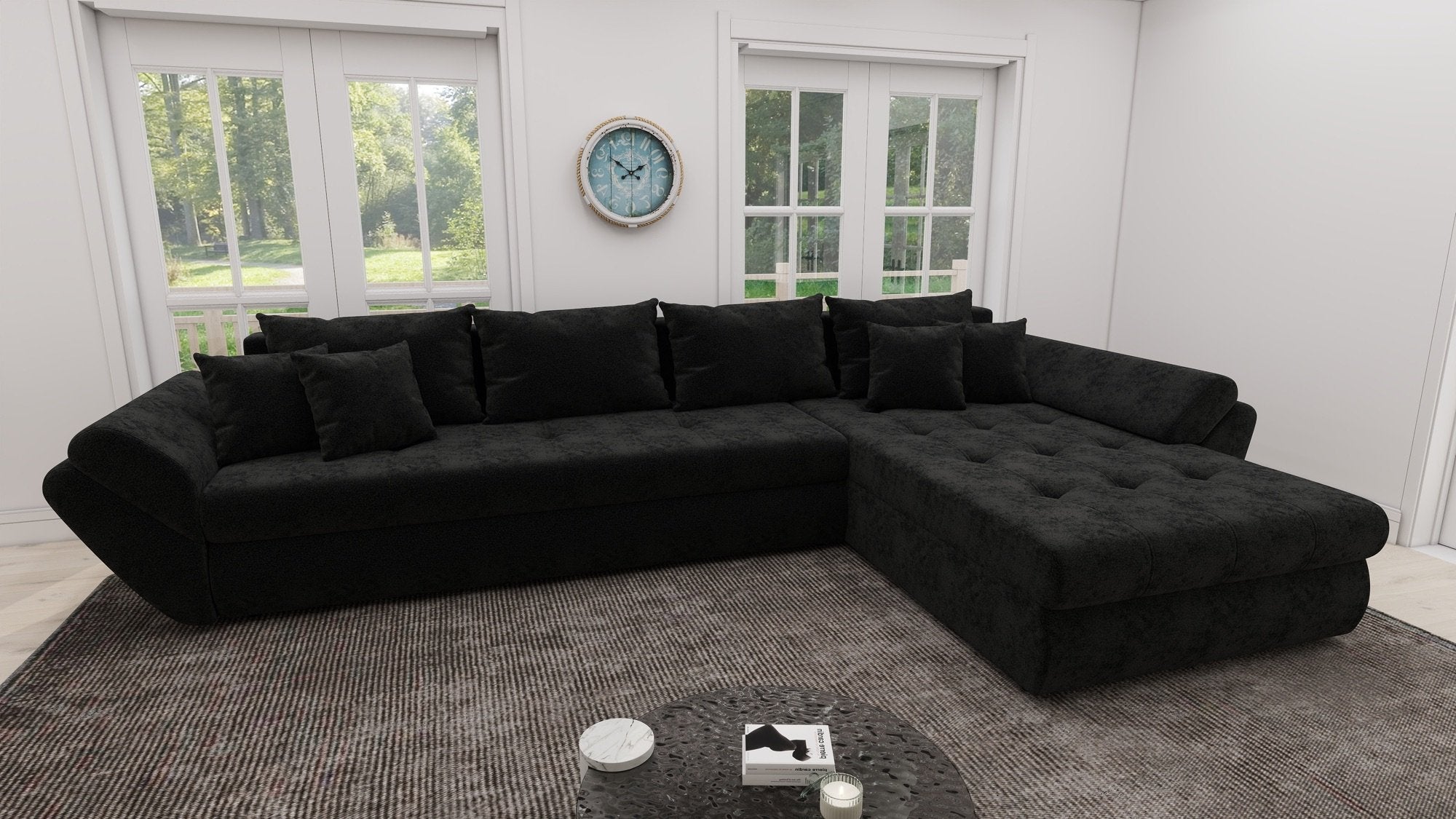 Colțar extensibil dumonde cu ladă de depozitare si sezut confortabil din spuma high-density, Loana XL Monte Negru II 335x185 cm