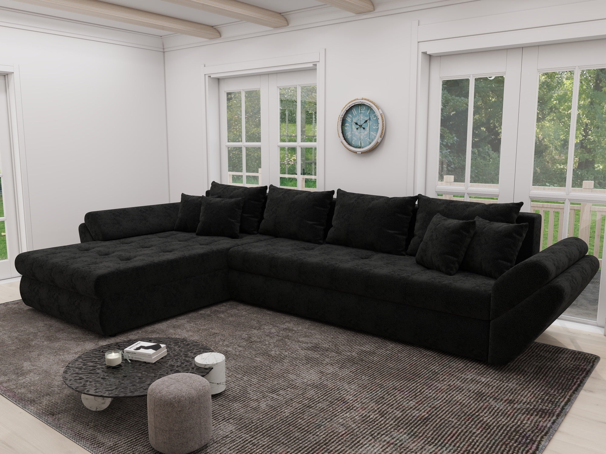 Colțar extensibil dumonde cu ladă de depozitare si sezut confortabil din spuma high-density, Loana XL Monte Negru 335x185 cm