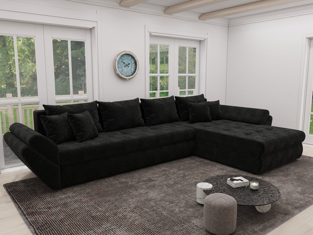 Colțar extensibil dumonde cu ladă de depozitare si sezut confortabil din spuma high-density, Loana XL Monte Negru II 335x185 cm