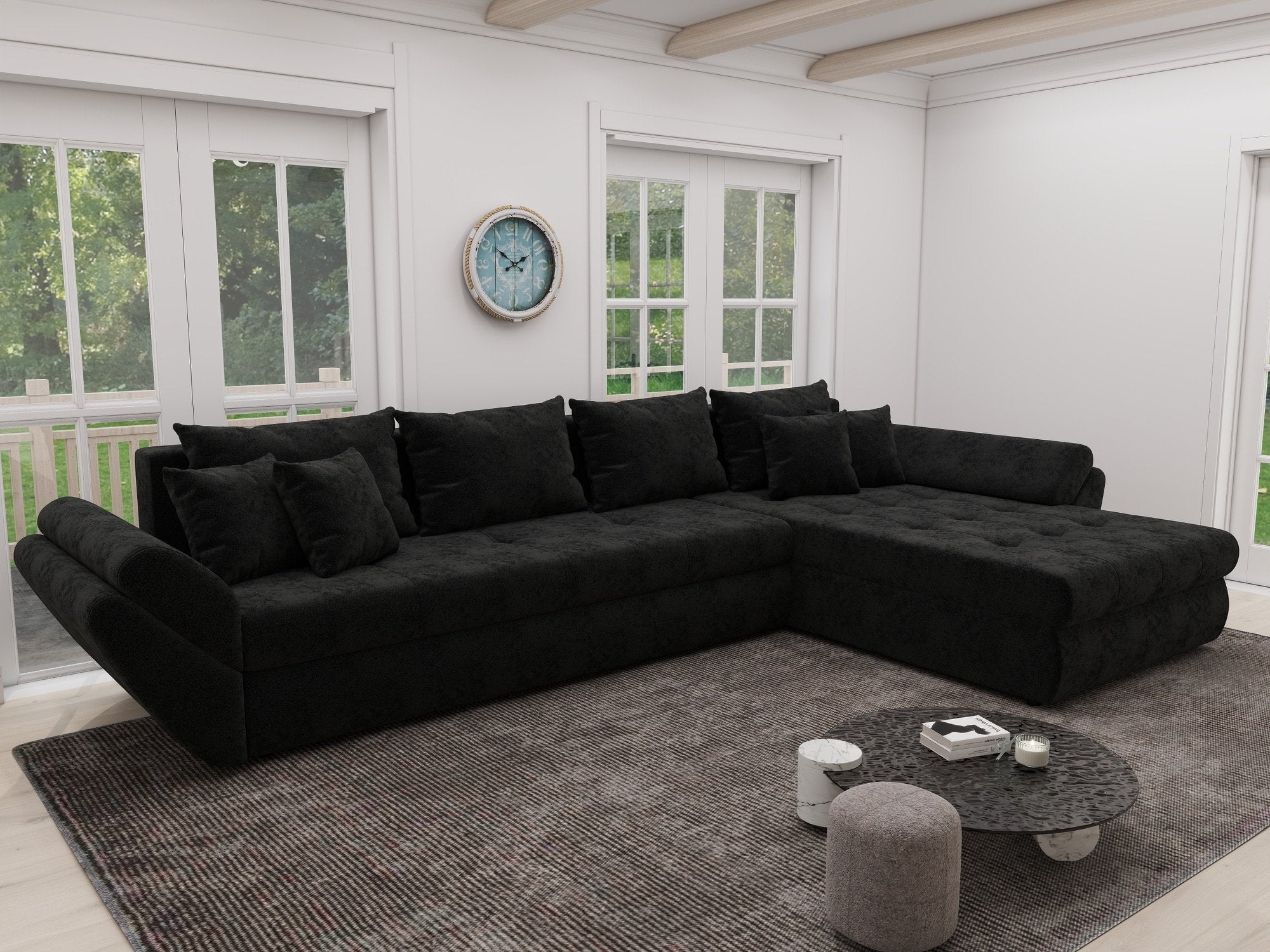 Colțar extensibil dumonde cu ladă de depozitare si sezut confortabil din spuma high-density, Loana XL Monte Negru II 335x185 cm