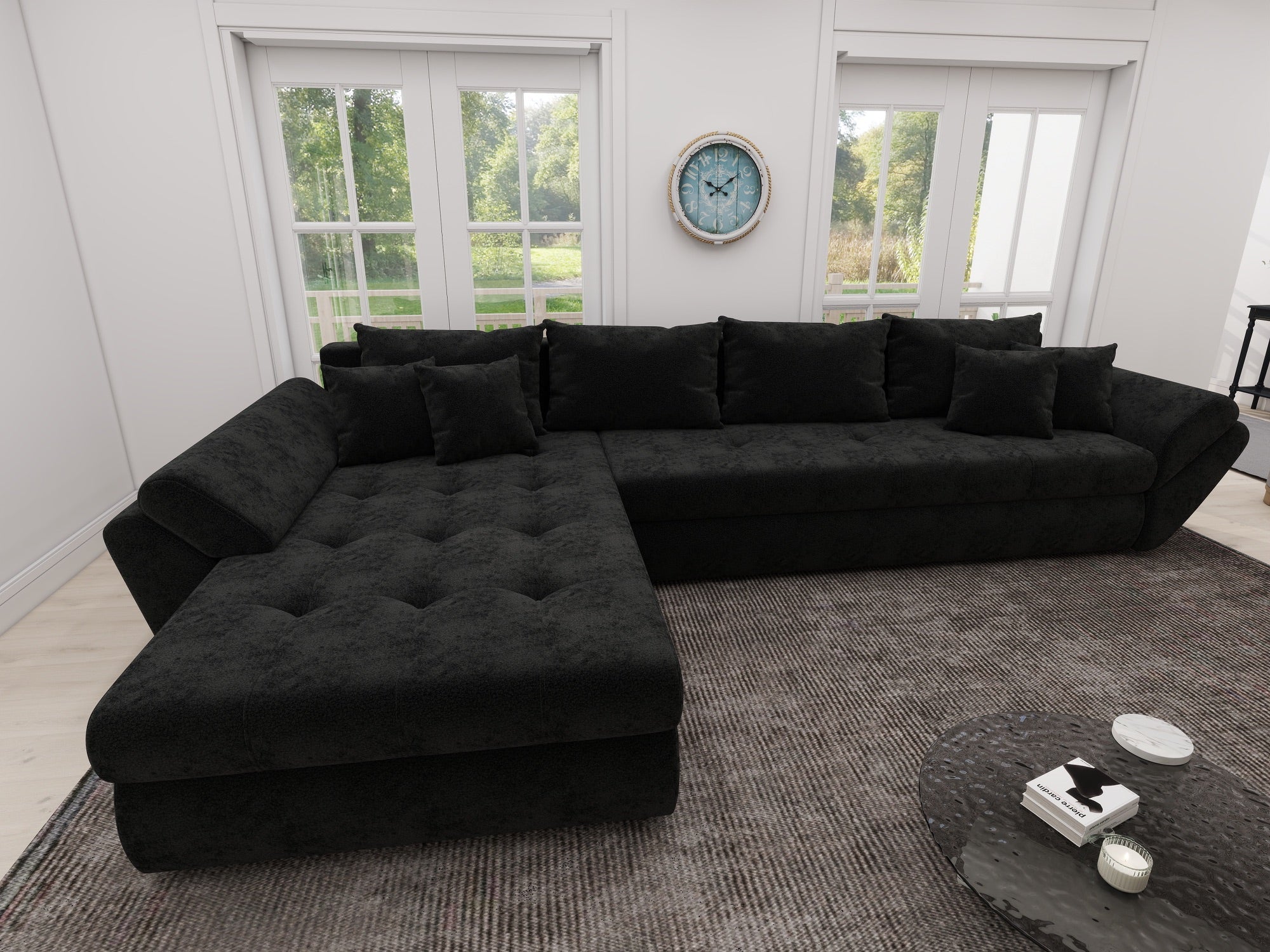Colțar extensibil dumonde cu ladă de depozitare si sezut confortabil din spuma high-density, Loana XL Monte Negru 335x185 cm