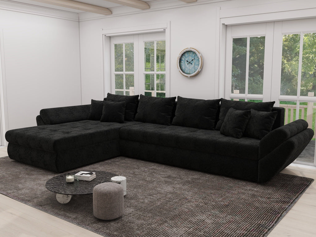 Colțar extensibil dumonde cu ladă de depozitare si sezut confortabil din spuma high-density, Loana XL Monte Negru 335x185 cm