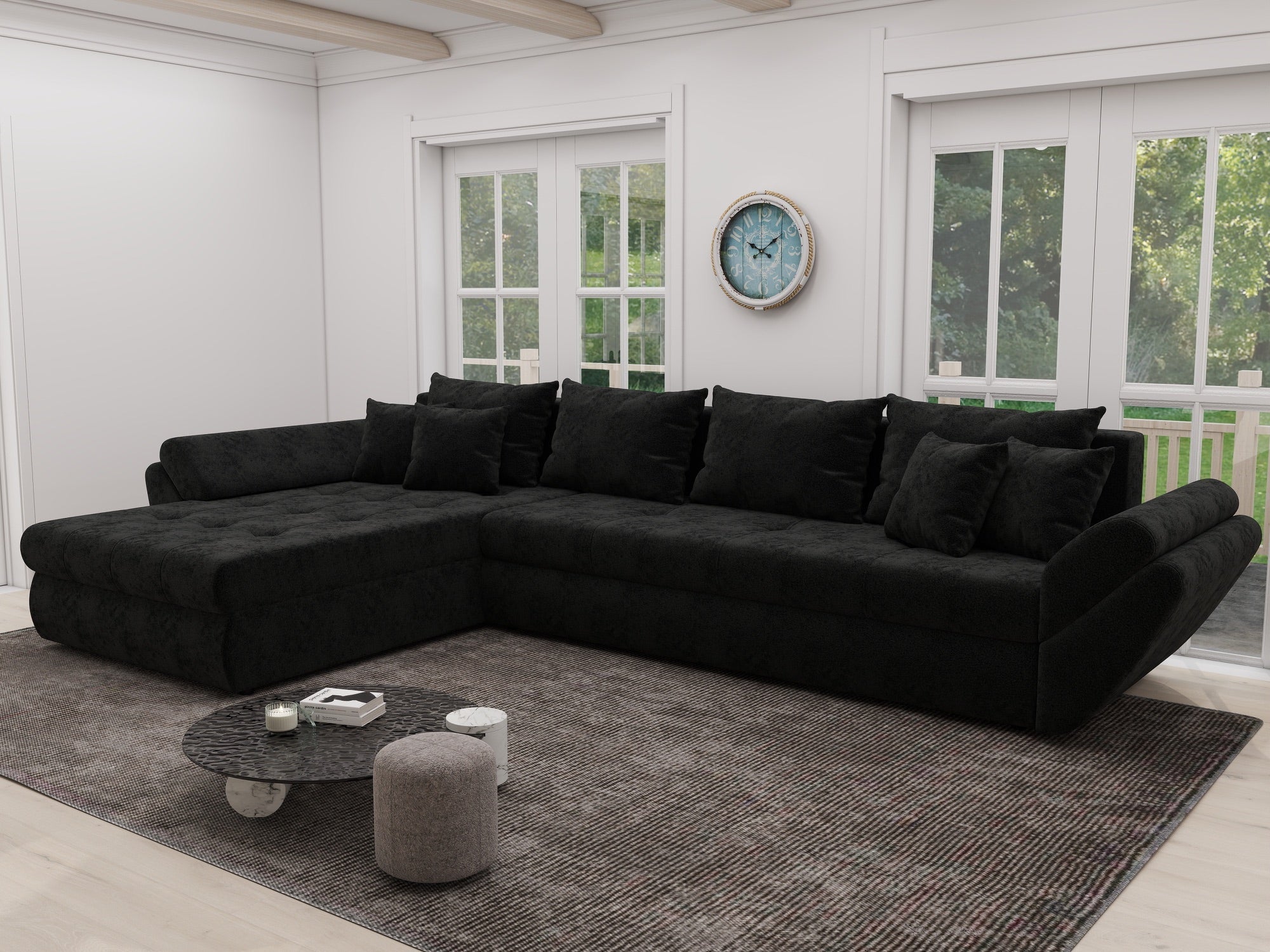 Colțar extensibil dumonde cu ladă de depozitare si sezut confortabil din spuma high-density, Loana XL Monte Negru 335x185 cm