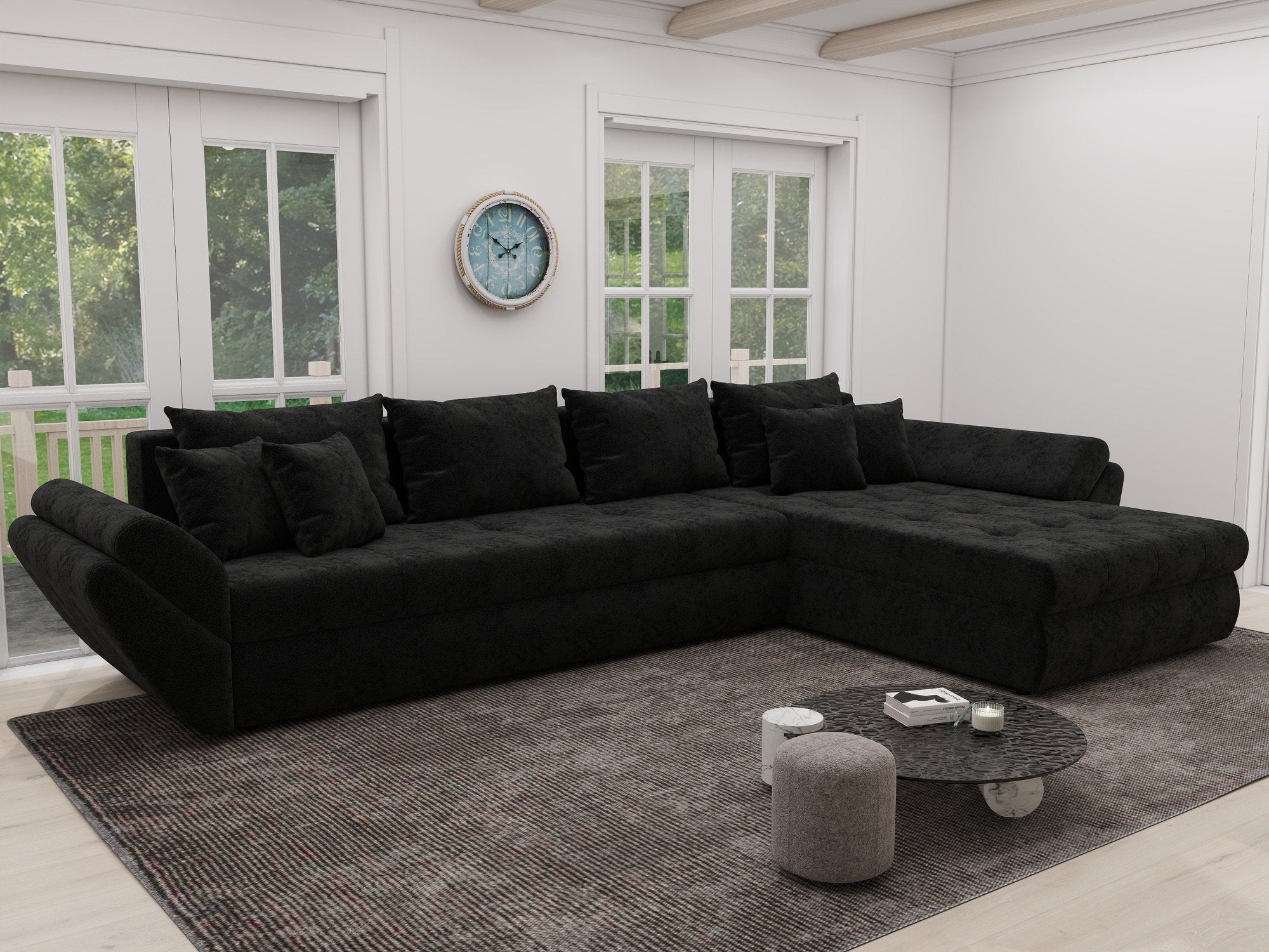 Colțar extensibil dumonde cu ladă de depozitare si sezut confortabil din spuma high-density, Loana XL Monte Negru II 335x185 cm