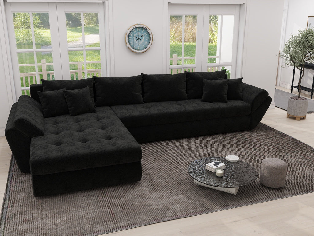 Colțar extensibil dumonde cu ladă de depozitare si sezut confortabil din spuma high-density, Loana XL Monte Negru 335x185 cm