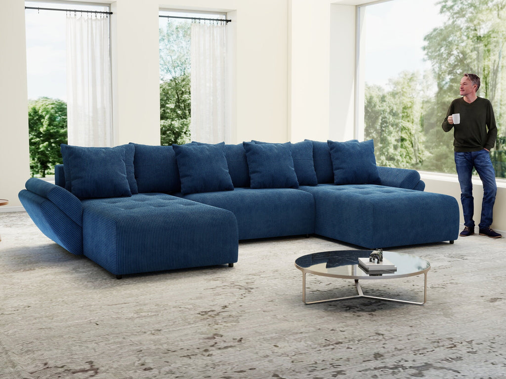 Colțar extensibil dumonde cu ladă de depozitare si sezut confortabil din spuma high-density, Berlin U Zoom Blue 380x180 cm