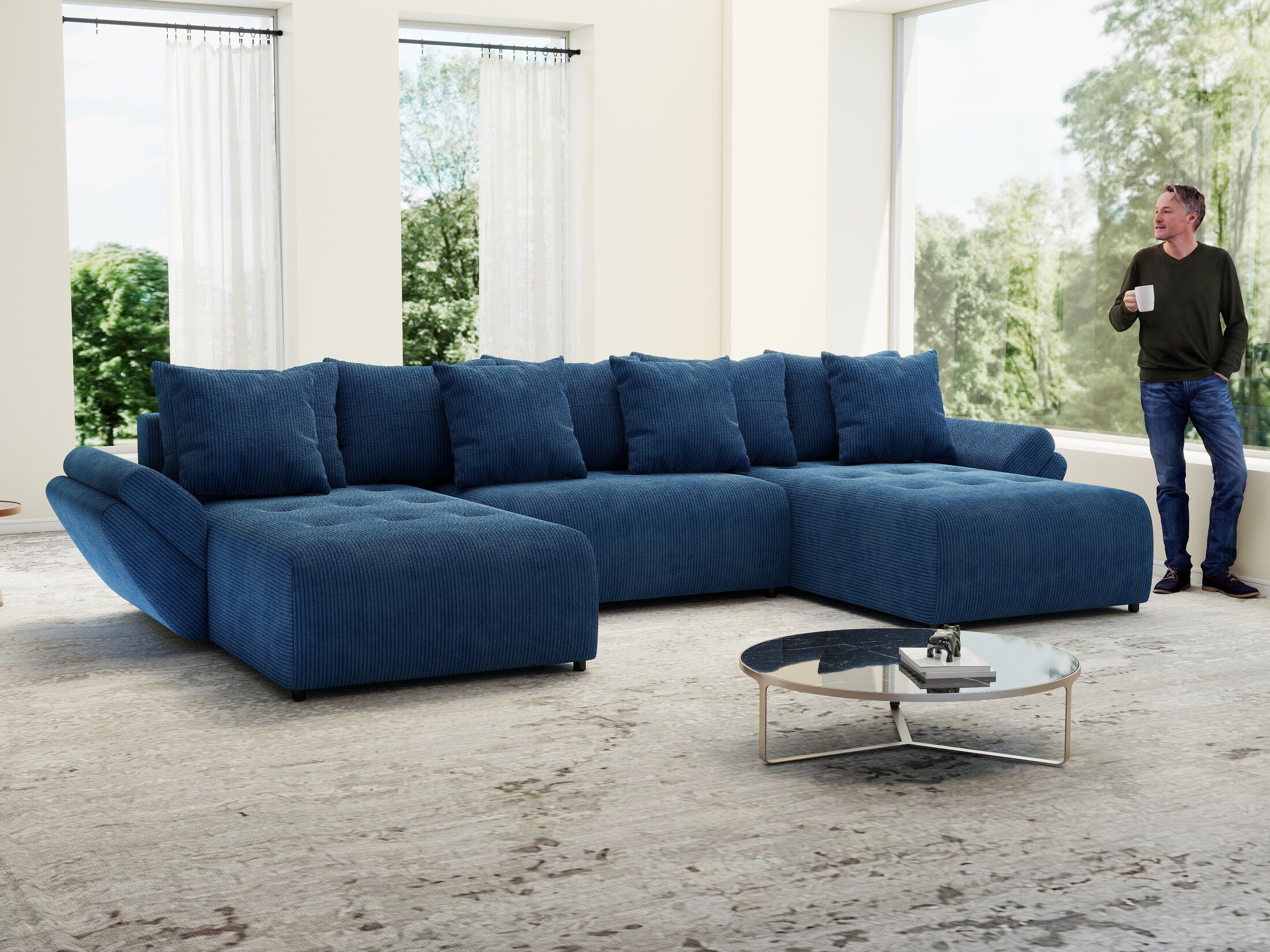 Colțar extensibil dumonde cu ladă de depozitare si sezut confortabil din spuma high-density, Berlin U Zoom Blue 380x180 cm