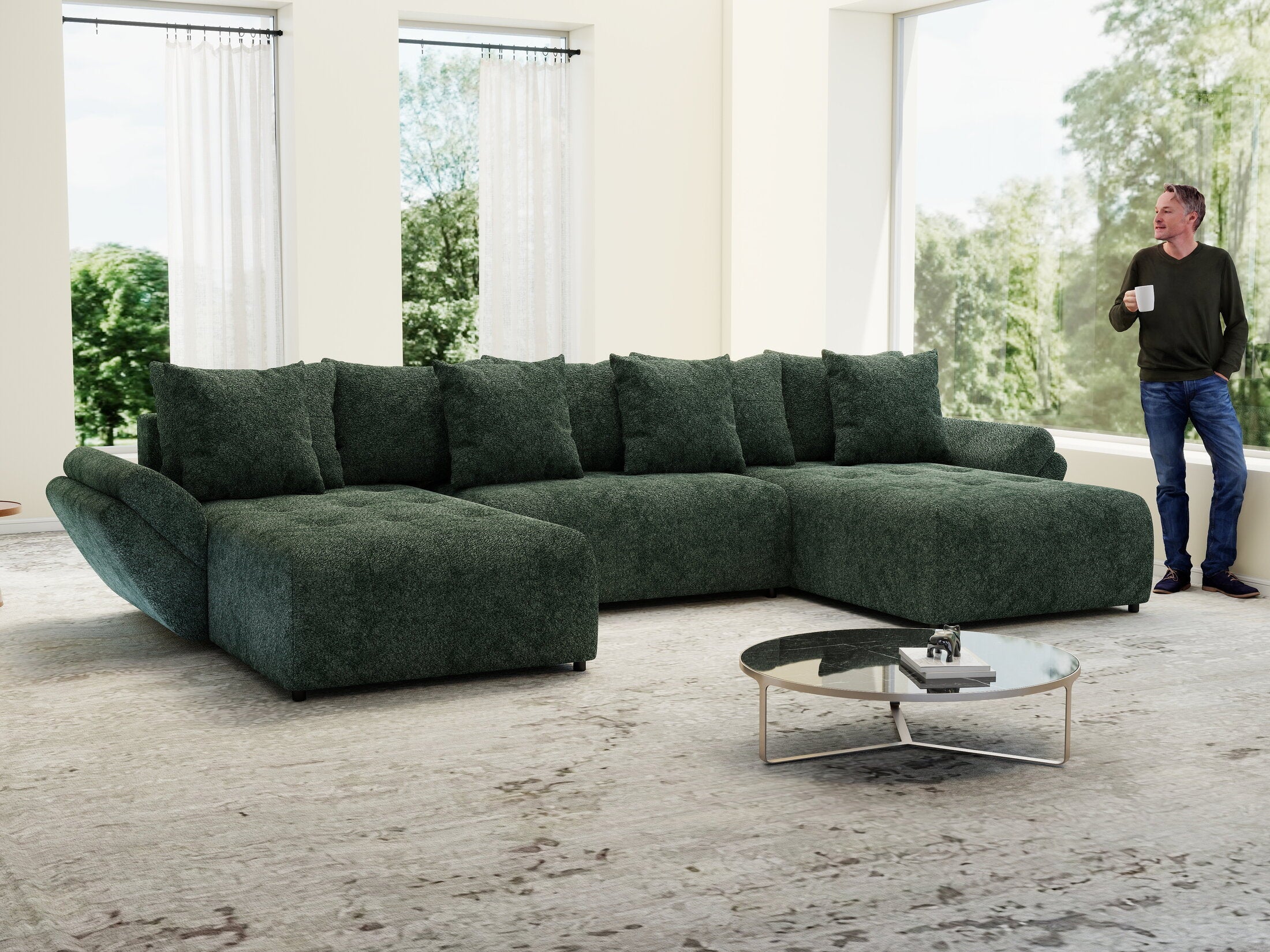 Colțar extensibil dumonde cu ladă de depozitare si sezut confortabil din spuma high-density, Berlin U Euphoria Verde 380x180 cm