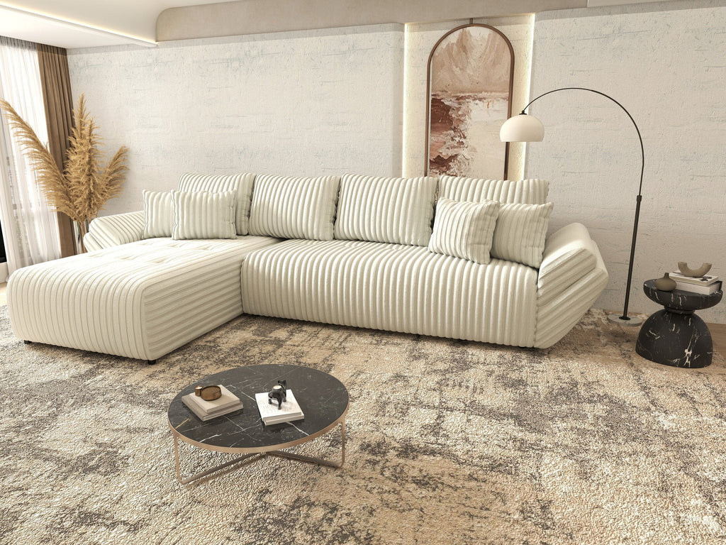 Colțar extensibil dumonde cu ladă de depozitare si sezut confortabil din spuma high-density, Berlin XL Ambience Ivory 350x185 cm
