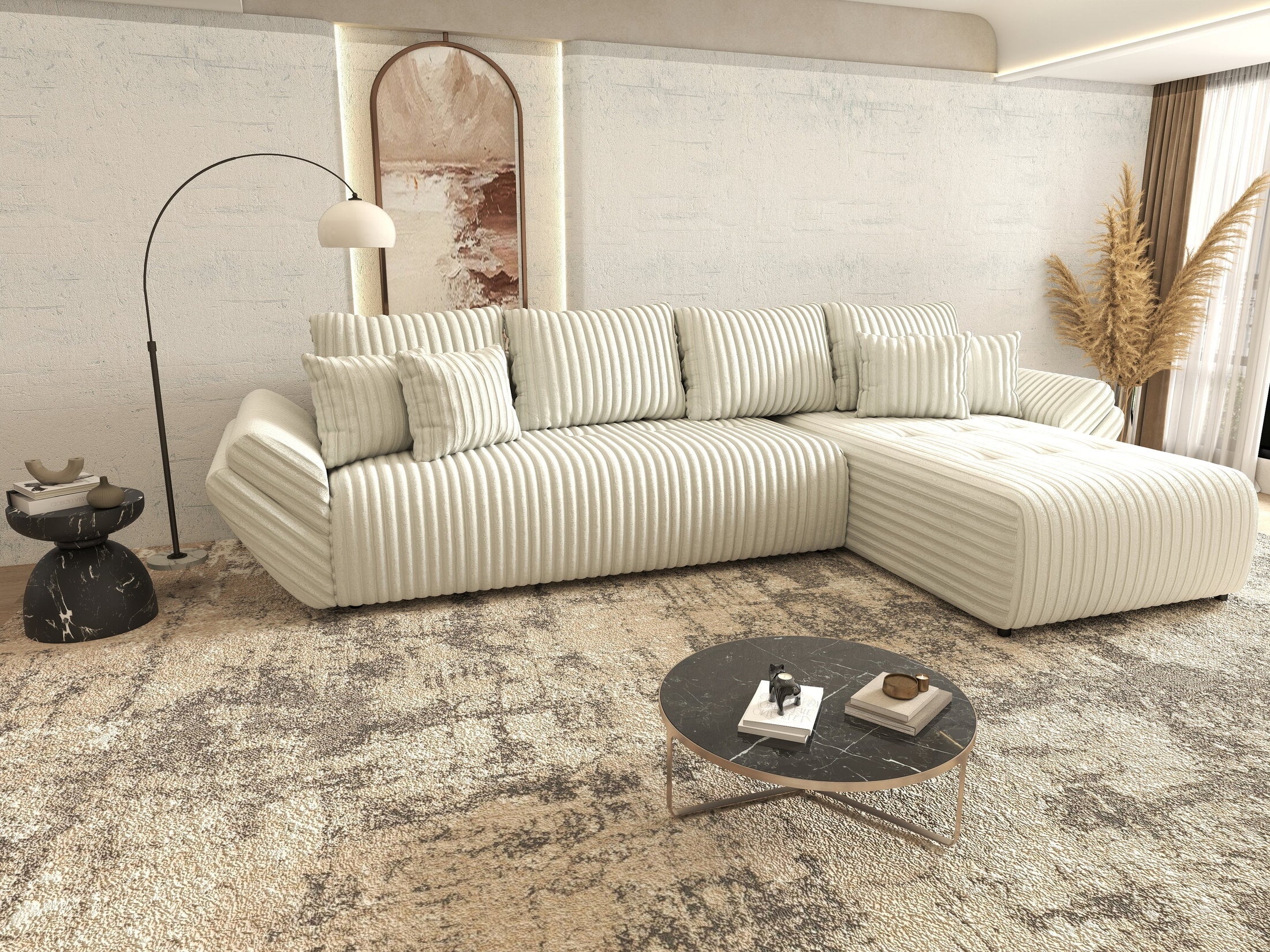 Colțar extensibil dumonde cu ladă de depozitare si sezut confortabil din spuma high-density, Berlin XL Ambience Ivory II 350x185 cm