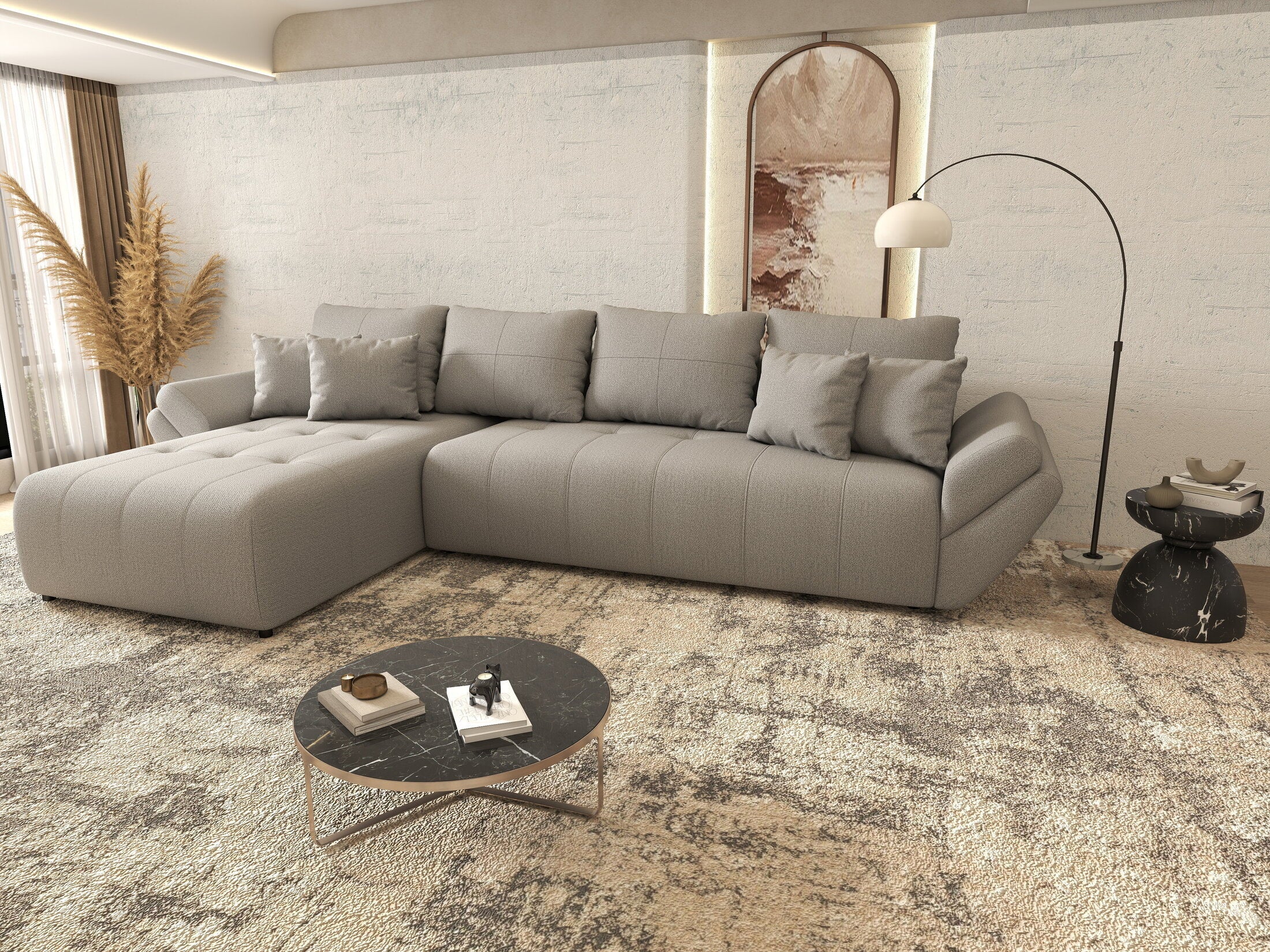 Colțar extensibil dumonde cu ladă de depozitare si sezut confortabil din spuma high-density, Berlin XL Enjoy Grey 350x185 cm