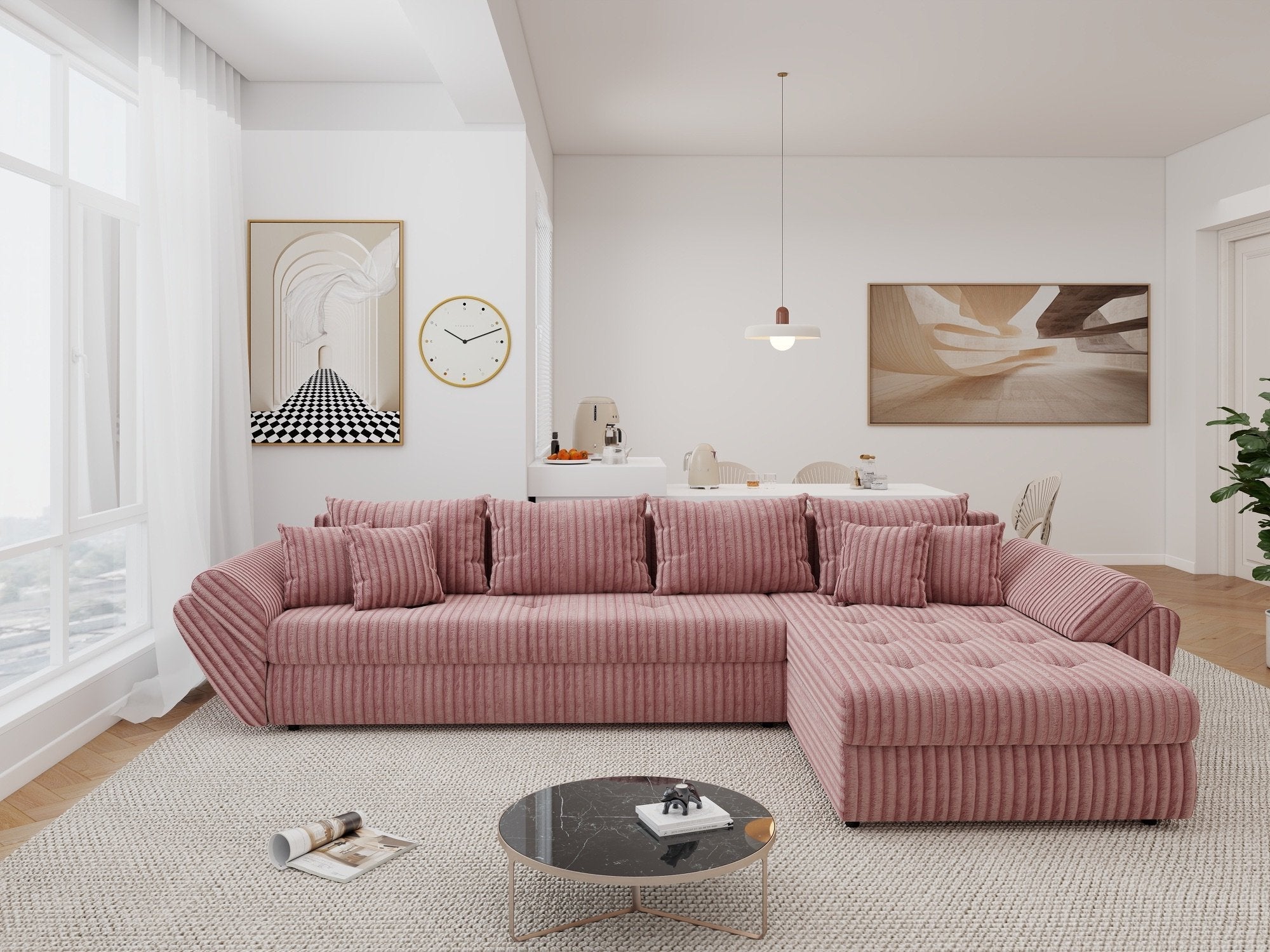 Colțar extensibil dumonde cu ladă de depozitare si sezut confortabil din spuma high-density, Loana XL Tilia Roz Pudrat II 335x185 cm