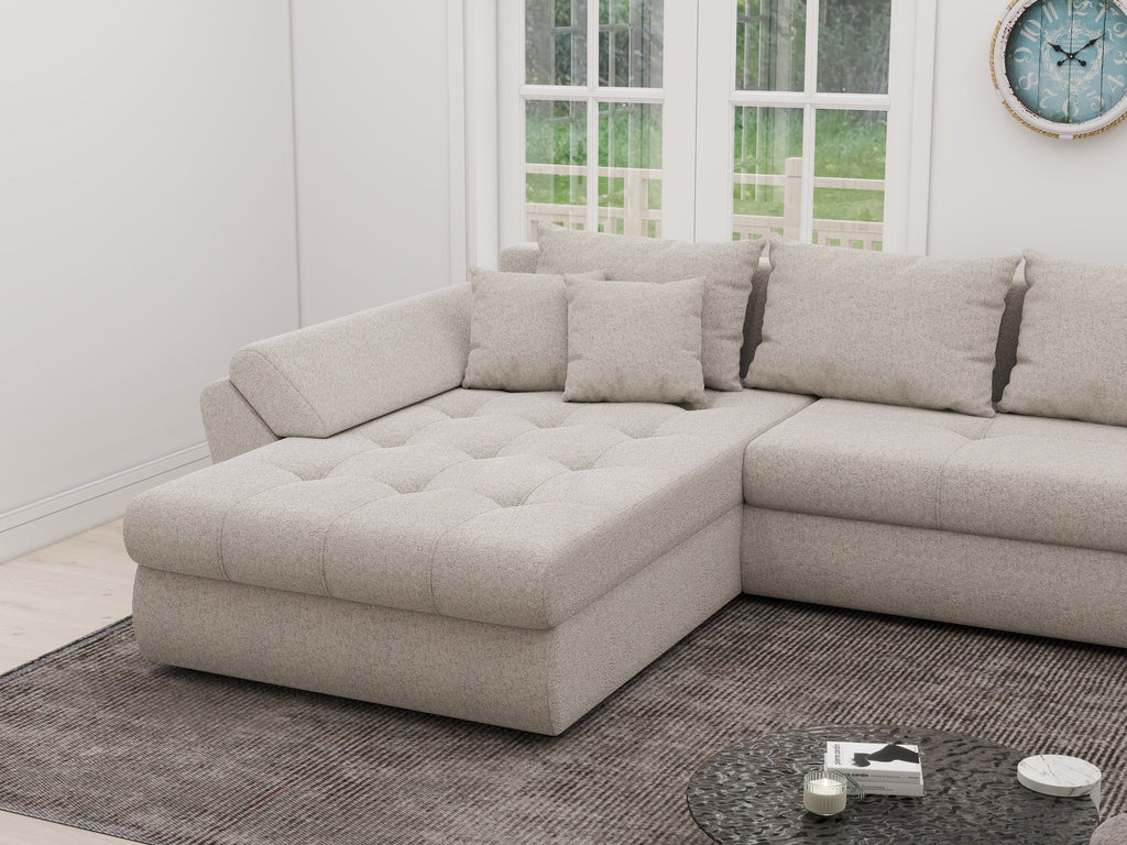 Colțar extensibil dumonde cu ladă de depozitare si sezut confortabil din spuma high-density, Loana XL Monte Bej 335x185 cm