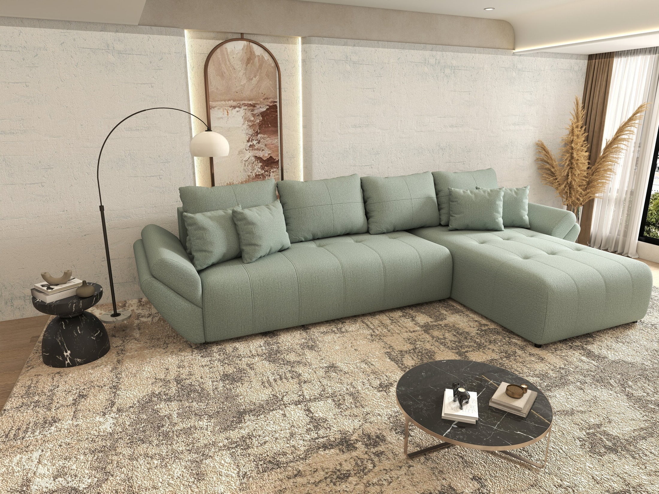 Colțar extensibil dumonde cu ladă de depozitare si sezut confortabil din spuma high-density, Berlin XL Enjoy Mint 350x185 cm II