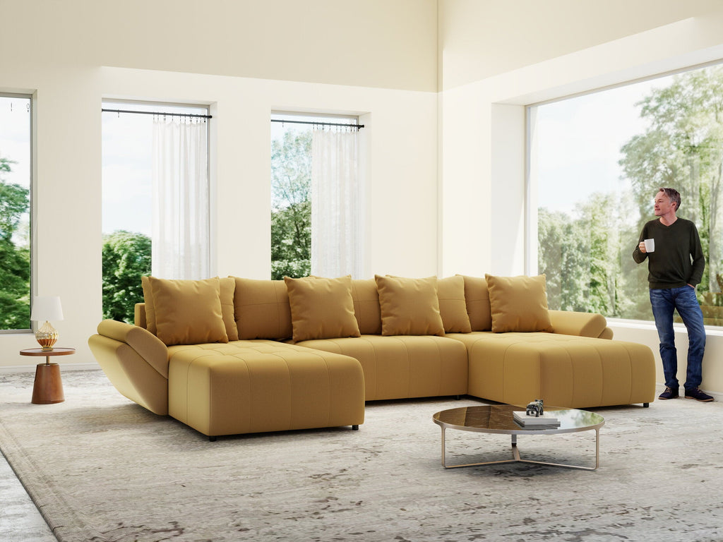Colțar extensibil dumonde cu ladă de depozitare si sezut confortabil din spuma high-density, Berlin U Royal Mustar 380x180 cm
